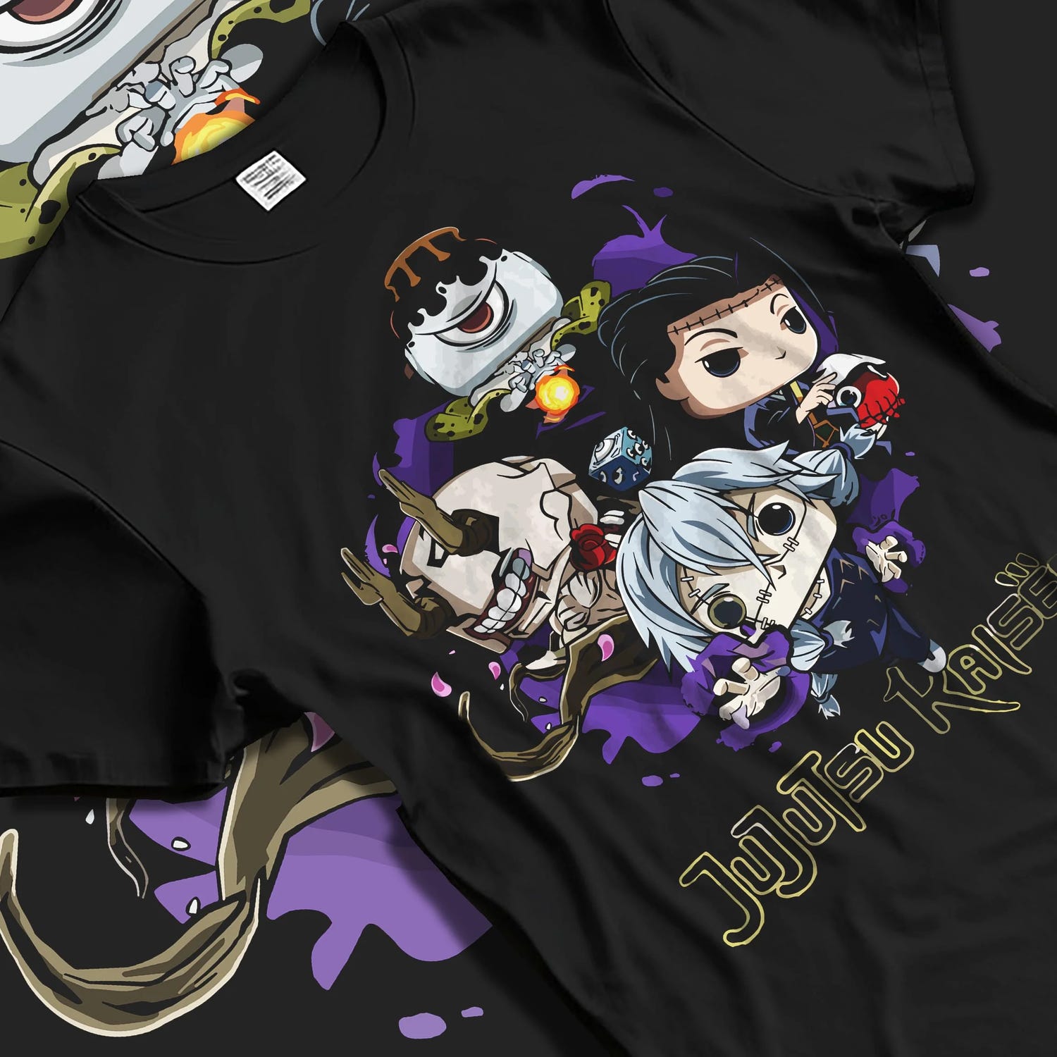 Black T-shirt laid flat with natural folds with Jujutsu Kaisen Hoodie Pop Figure Set Gojo and Yuji graphic streetwear graphic.