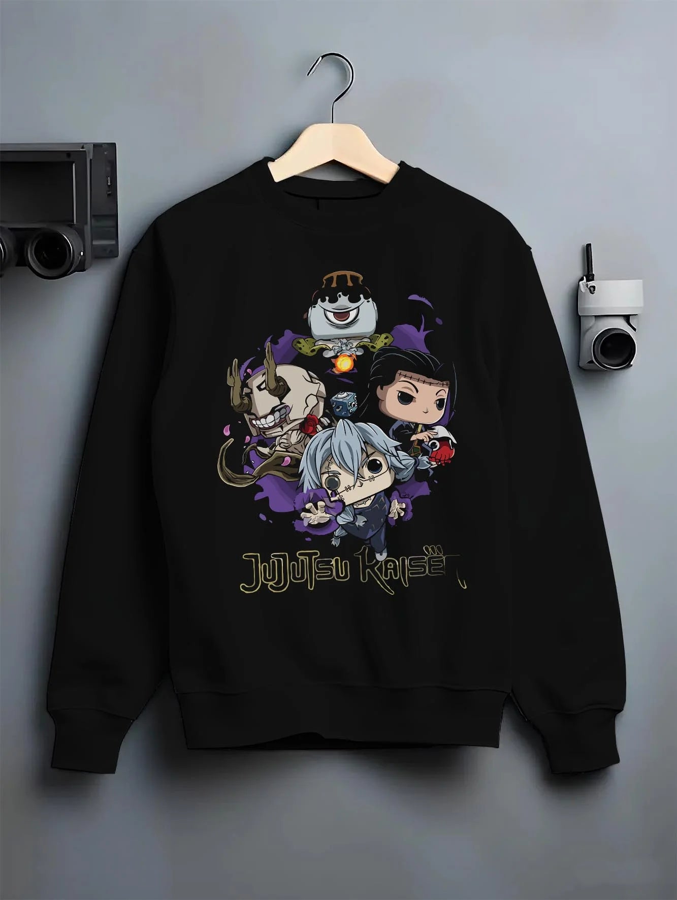Black crewneck sweatshirt on hanger with Jujutsu Kaisen Hoodie Pop Figure Set Gojo and Yuji graphic bold anime graphic.
