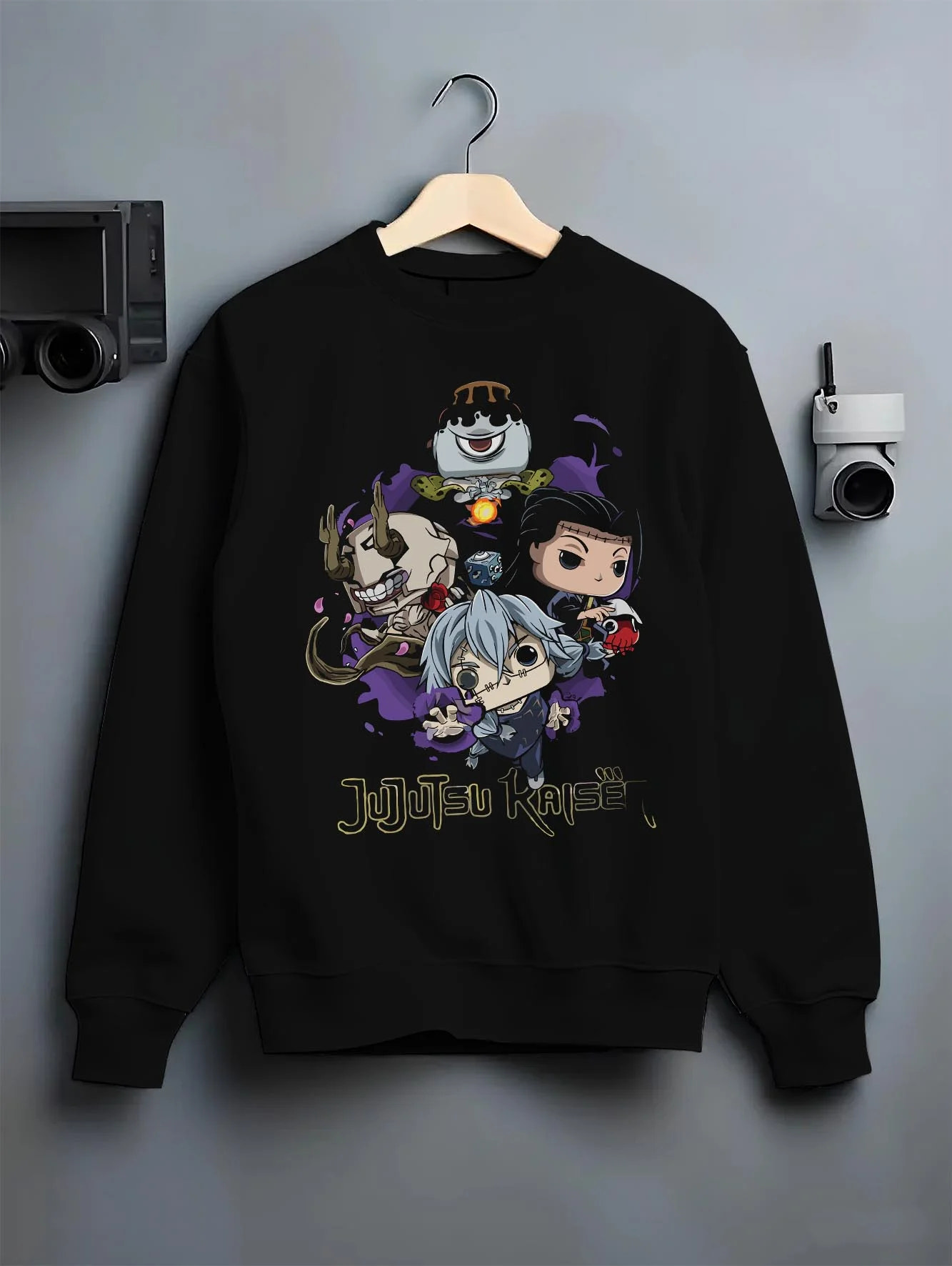 Black crewneck sweatshirt on hanger with Jujutsu Kaisen Hoodie Pop Figure Set Gojo and Yuji graphic bold anime graphic.