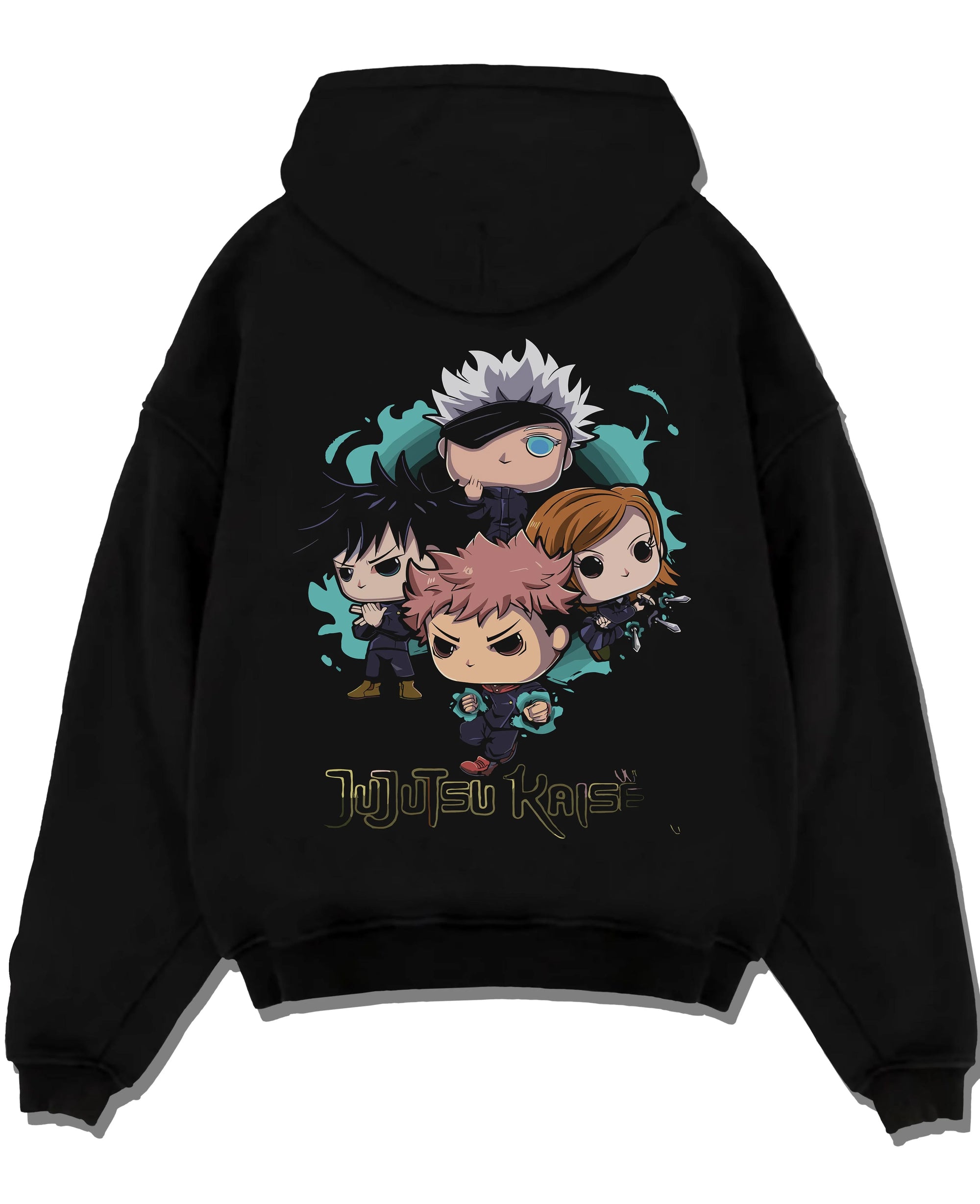 Black pullover hoodie laid flat with Jujutsu Kaisen Hoodie Pop Figure Set Sukuna and Megumi graphic bold anime graphic.