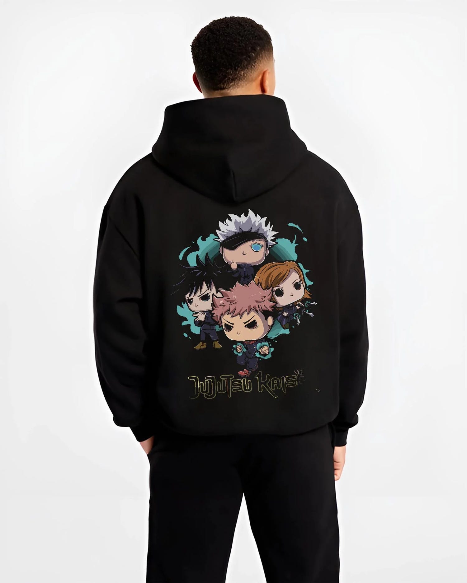 Black hoodie worn by male model, back view with Jujutsu Kaisen Hoodie Pop Figure Set Sukuna and Megumi graphic streetwear graphic.