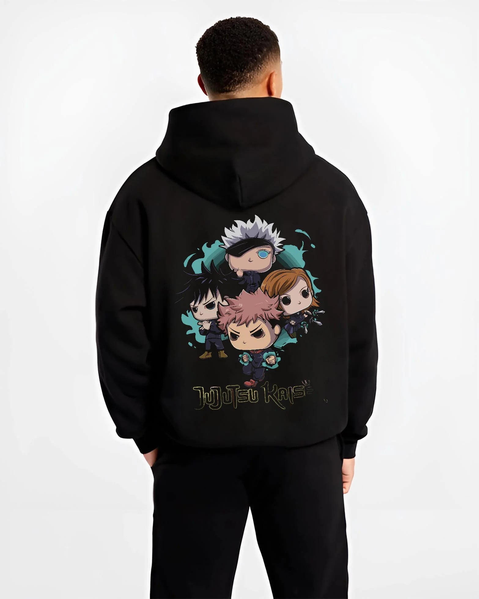 Black hoodie worn by male model, back view with Jujutsu Kaisen Hoodie Pop Figure Set Sukuna and Megumi graphic streetwear graphic.