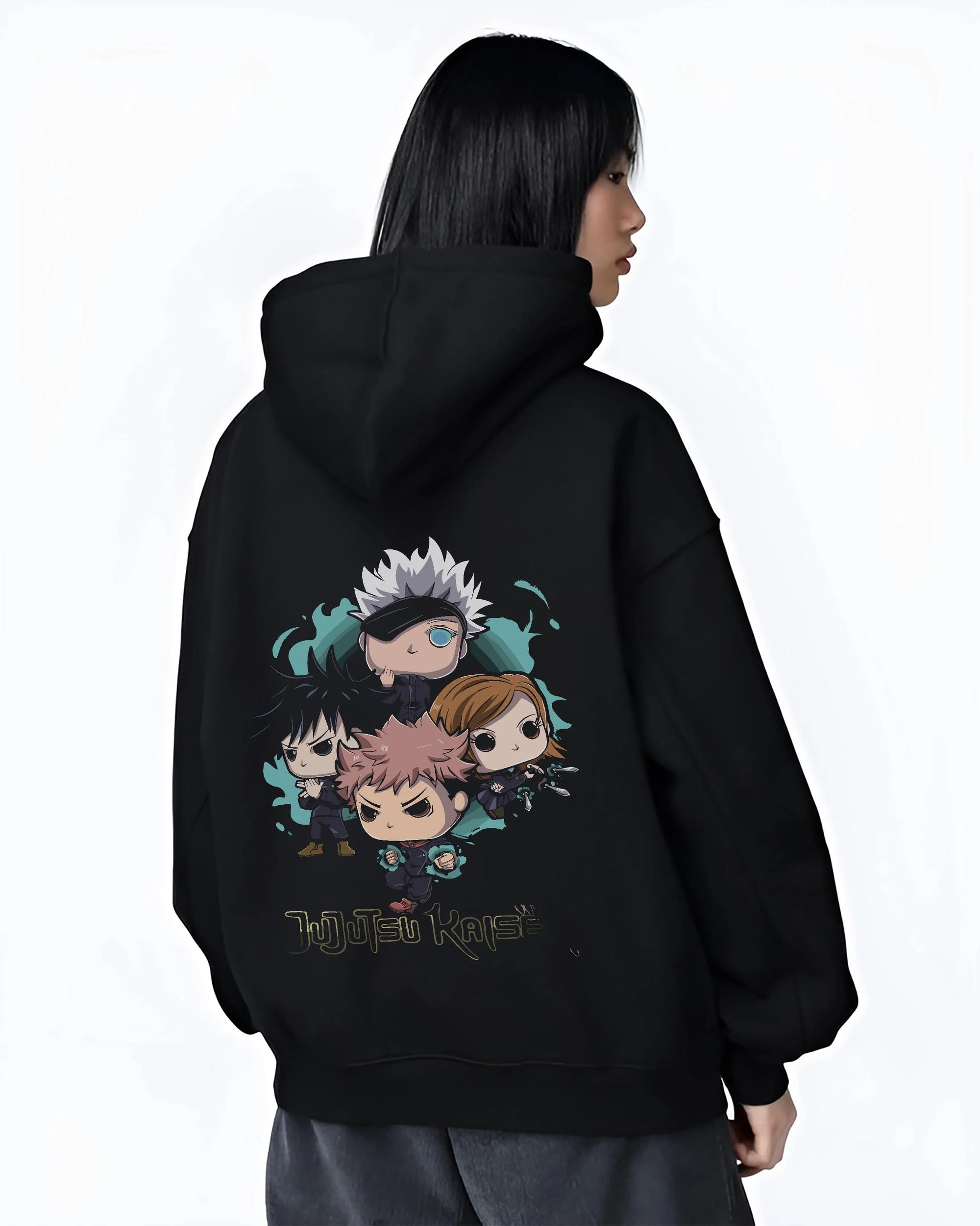 Black hoodie worn by female model, back view with Jujutsu Kaisen Hoodie Pop Figure Set Sukuna and Megumi graphic premium wear.