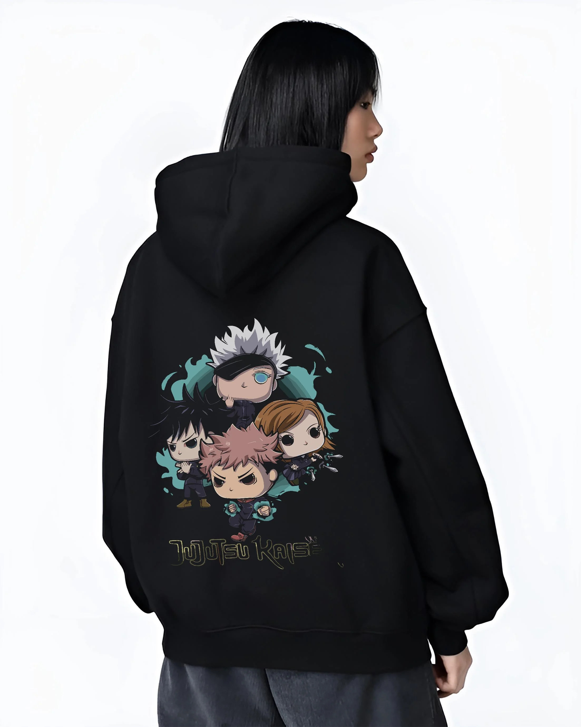 Black hoodie worn by female model, back view with Jujutsu Kaisen Hoodie Pop Figure Set Sukuna and Megumi graphic premium wear.