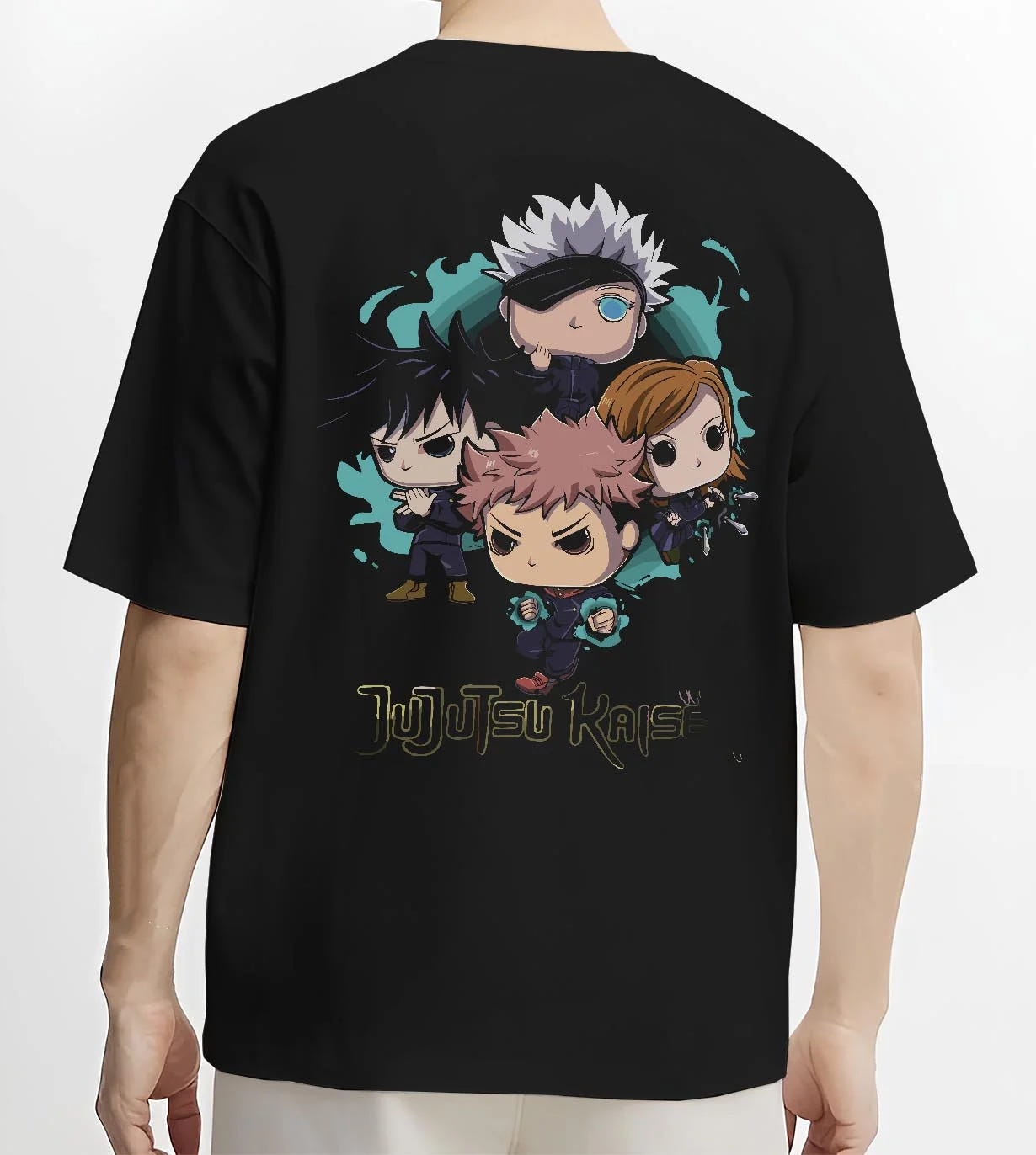 Black T-shirt worn by male model, back view with Jujutsu Kaisen Hoodie Pop Figure Set Sukuna and Megumi graphic premium wear.