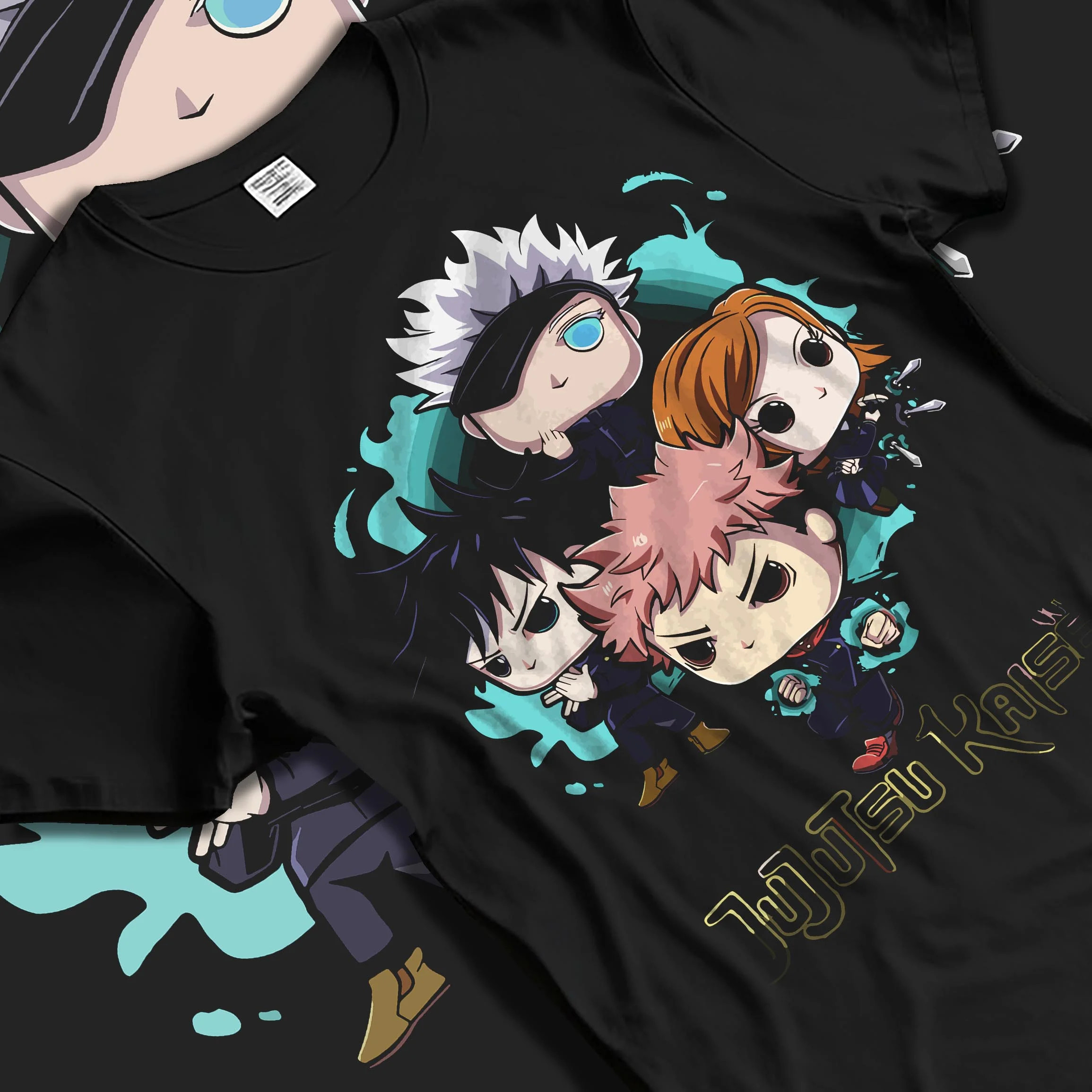 Black T-shirt laid flat with natural folds with Jujutsu Kaisen Hoodie Pop Figure Set Sukuna and Megumi graphic streetwear graphic.
