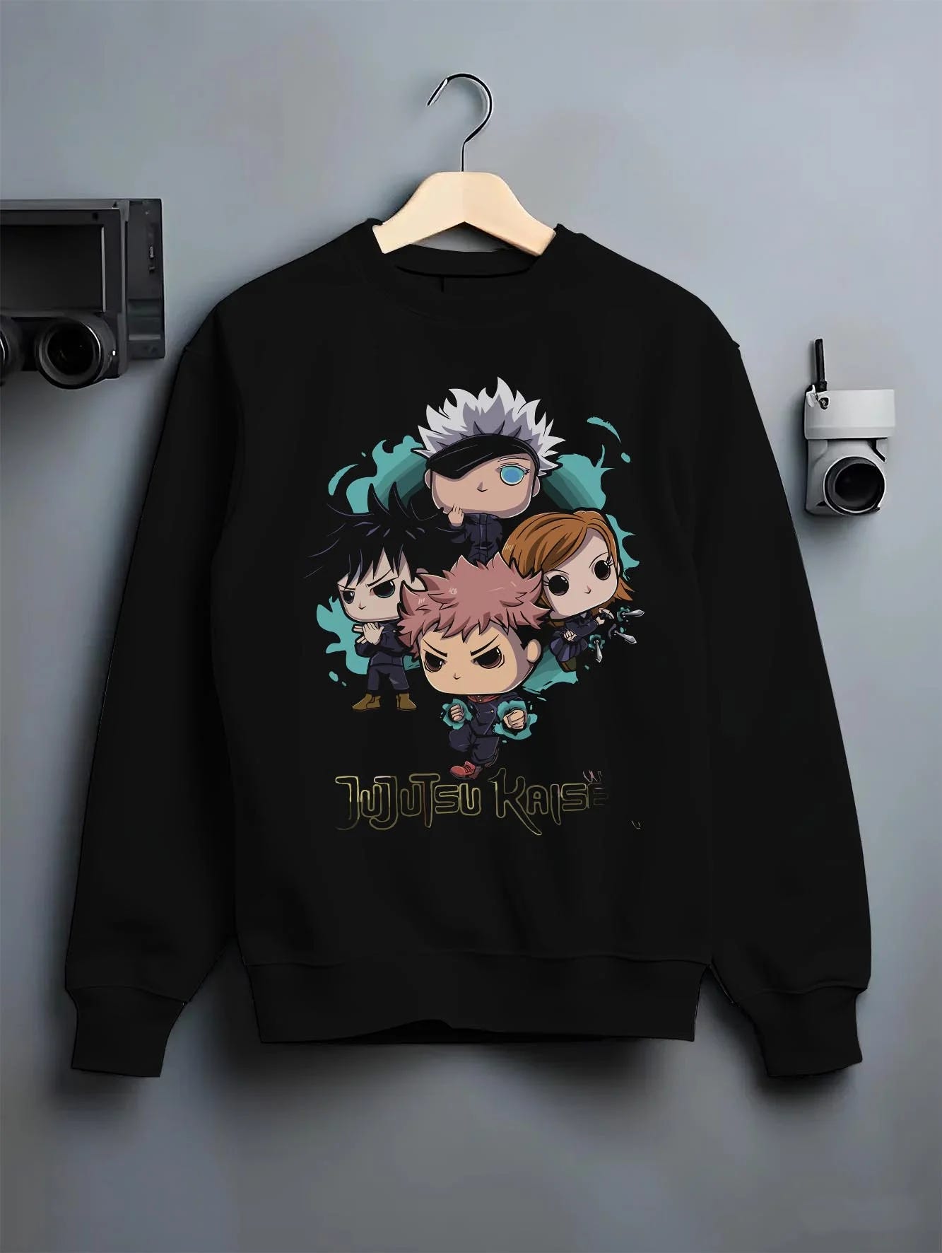 Black crewneck sweatshirt on hanger with Jujutsu Kaisen Hoodie Pop Figure Set Sukuna and Megumi graphic streetwear graphic.