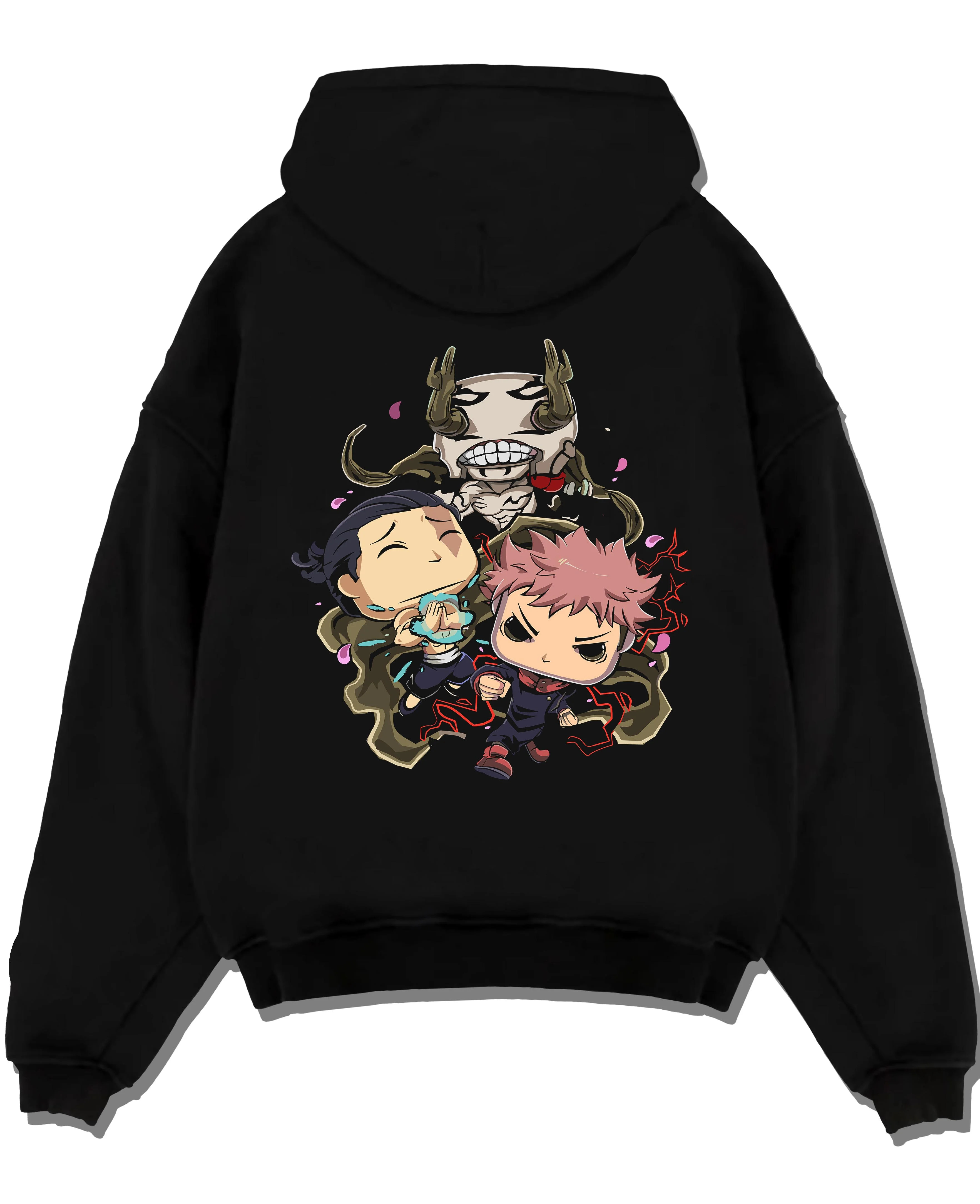 Black pullover hoodie laid flat with Jujutsu Kaisen Hoodie Pop Figure Set Choso and Yuji graphic premium wear.