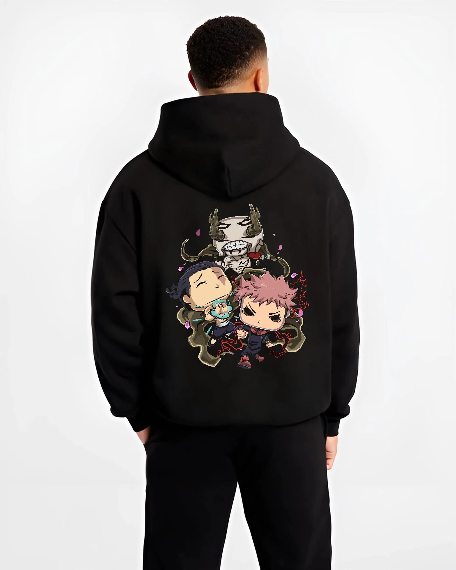 Black hoodie worn by male model, back view with Jujutsu Kaisen Hoodie Pop Figure Set Choso and Yuji graphic bold anime graphic.