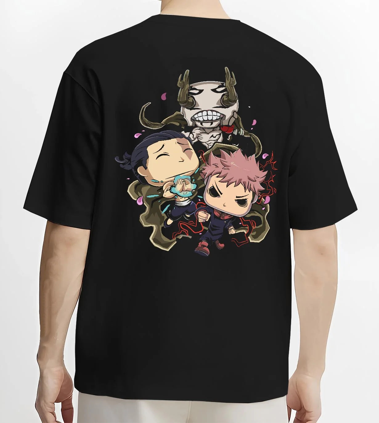 Black T-shirt worn by male model, back view with Jujutsu Kaisen Hoodie Pop Figure Set Choso and Yuji graphic bold anime graphic.