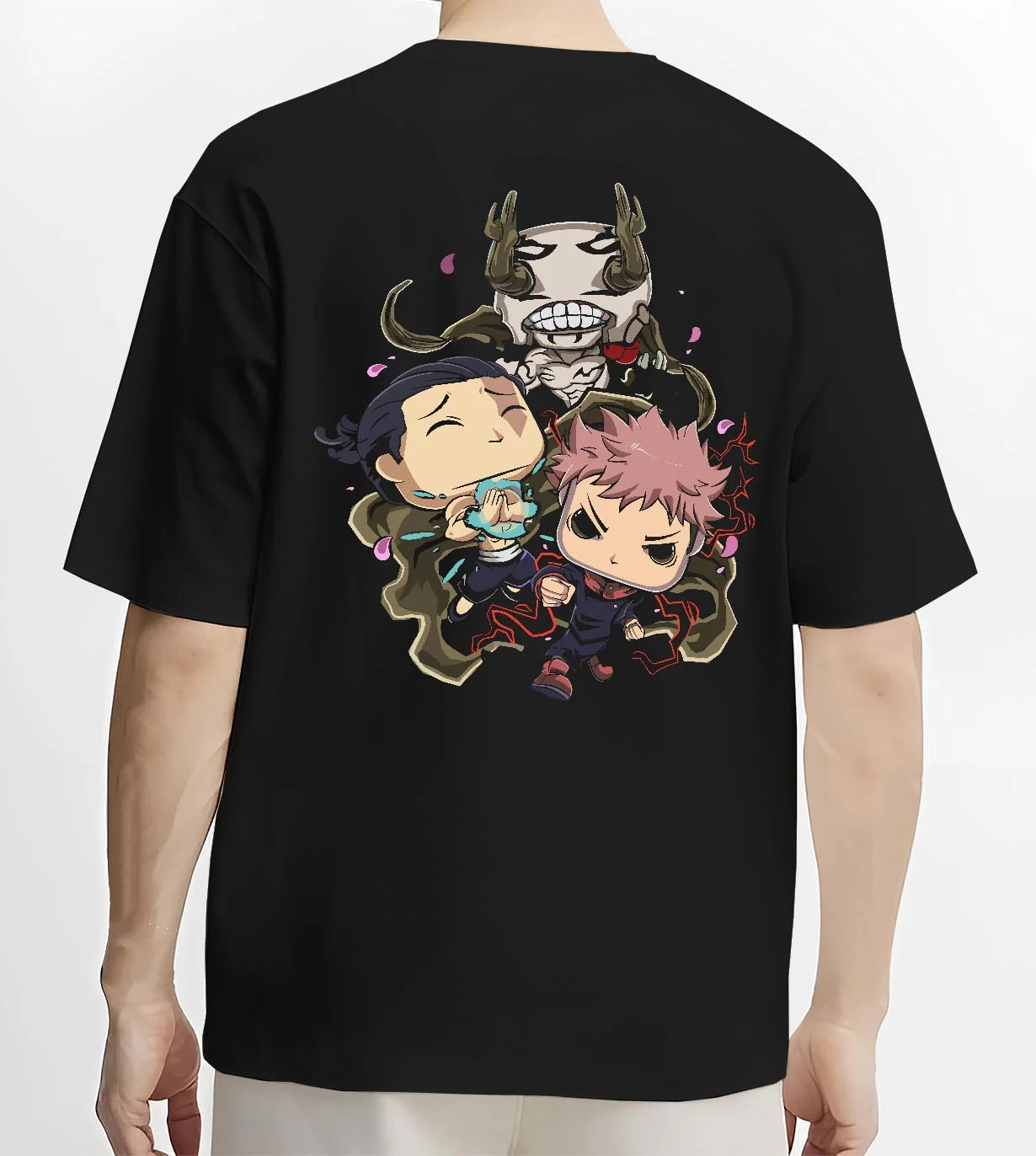 Black T-shirt worn by male model, back view with Jujutsu Kaisen Hoodie Pop Figure Set Choso and Yuji graphic bold anime graphic.