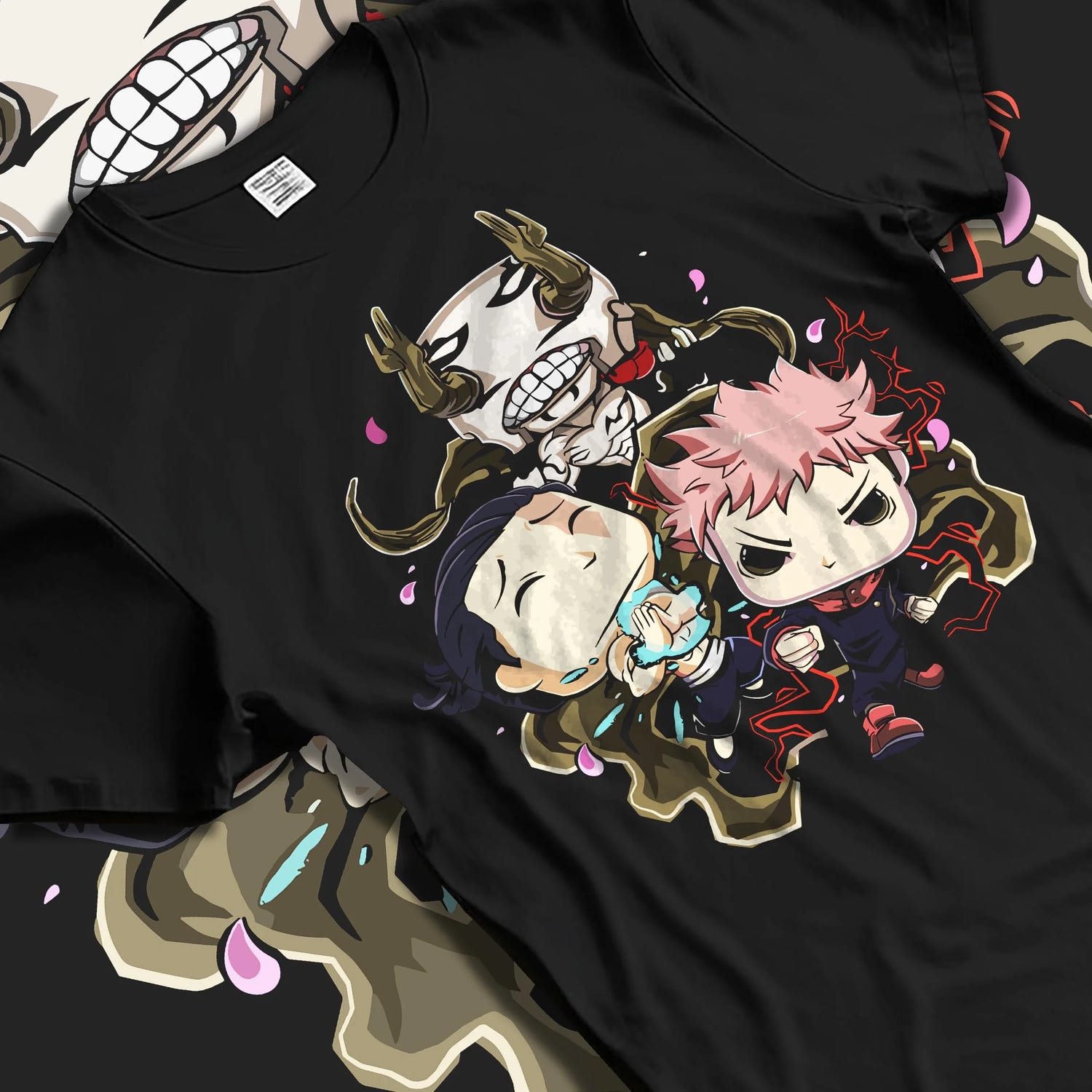 Black T-shirt laid flat with natural folds with Jujutsu Kaisen Hoodie Pop Figure Set Choso and Yuji graphic streetwear graphic.