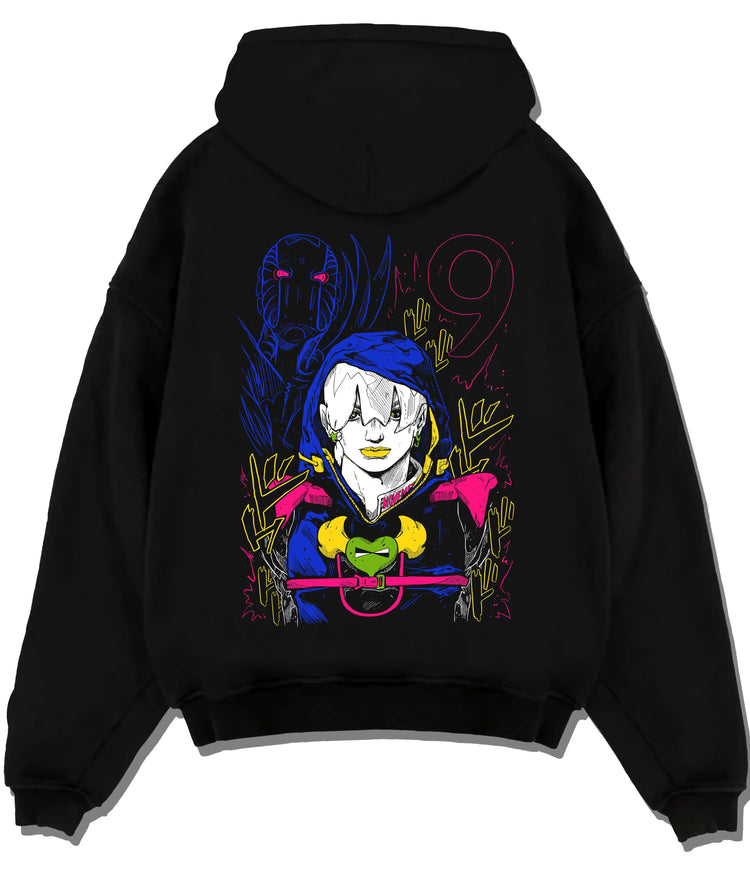 Black hoodie flat back view with Jodio Joestar and November Rain Stand from JoJo’s Bizarre Adventure illustrated back graphic