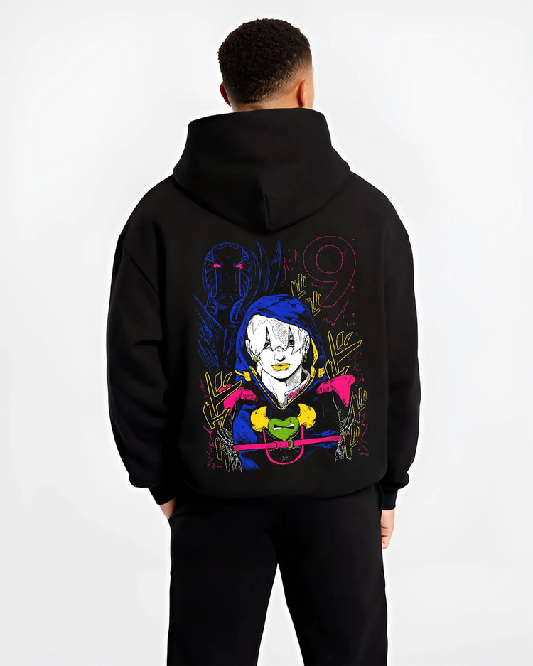 Black hoodie model back view with Jodio Joestar and November Rain Stand from JoJo’s Bizarre Adventure illustrated back