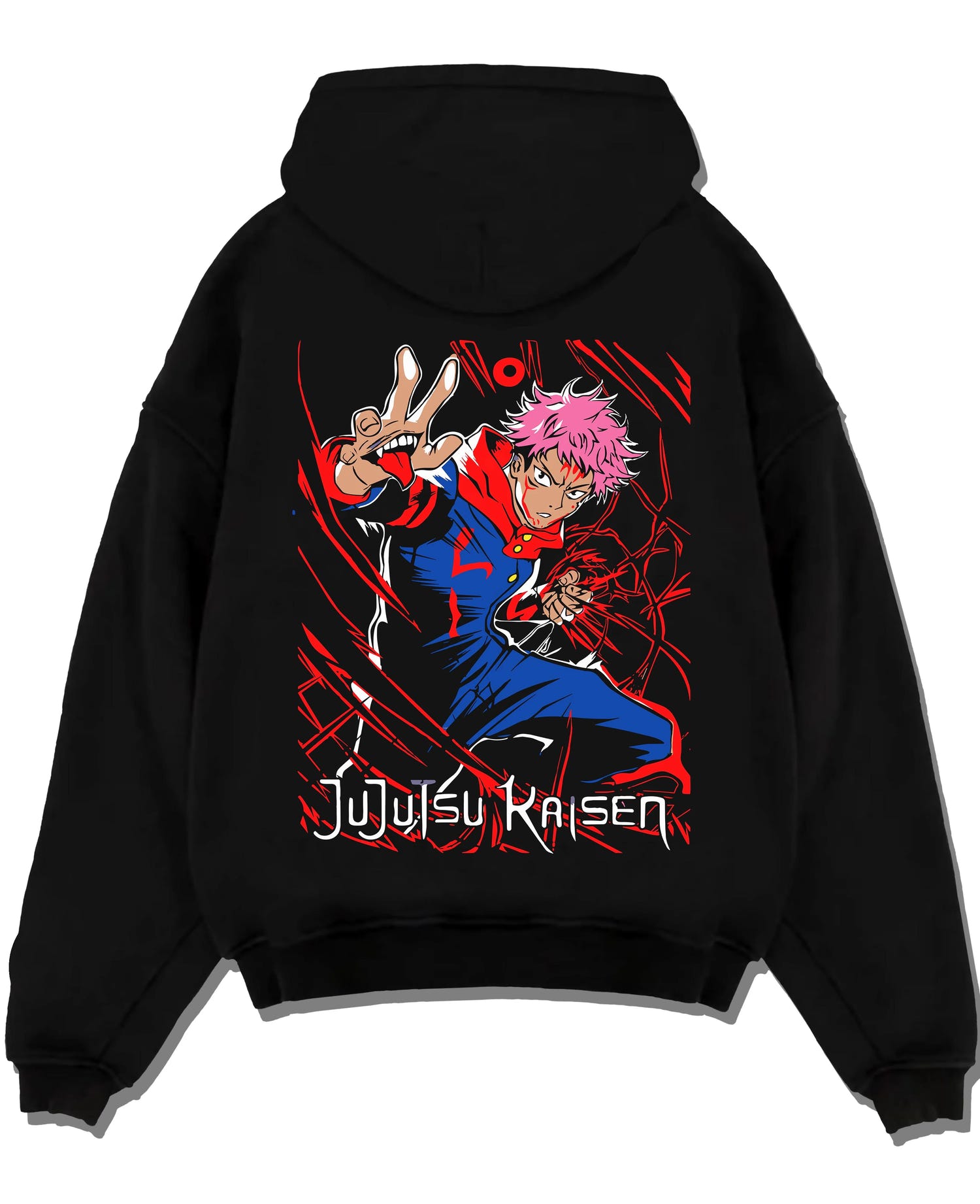 Black pullover hoodie laid flat with Jujutsu Kaisen Hoodie Yuji Itadori Hero Punch Jumper graphic premium wear.