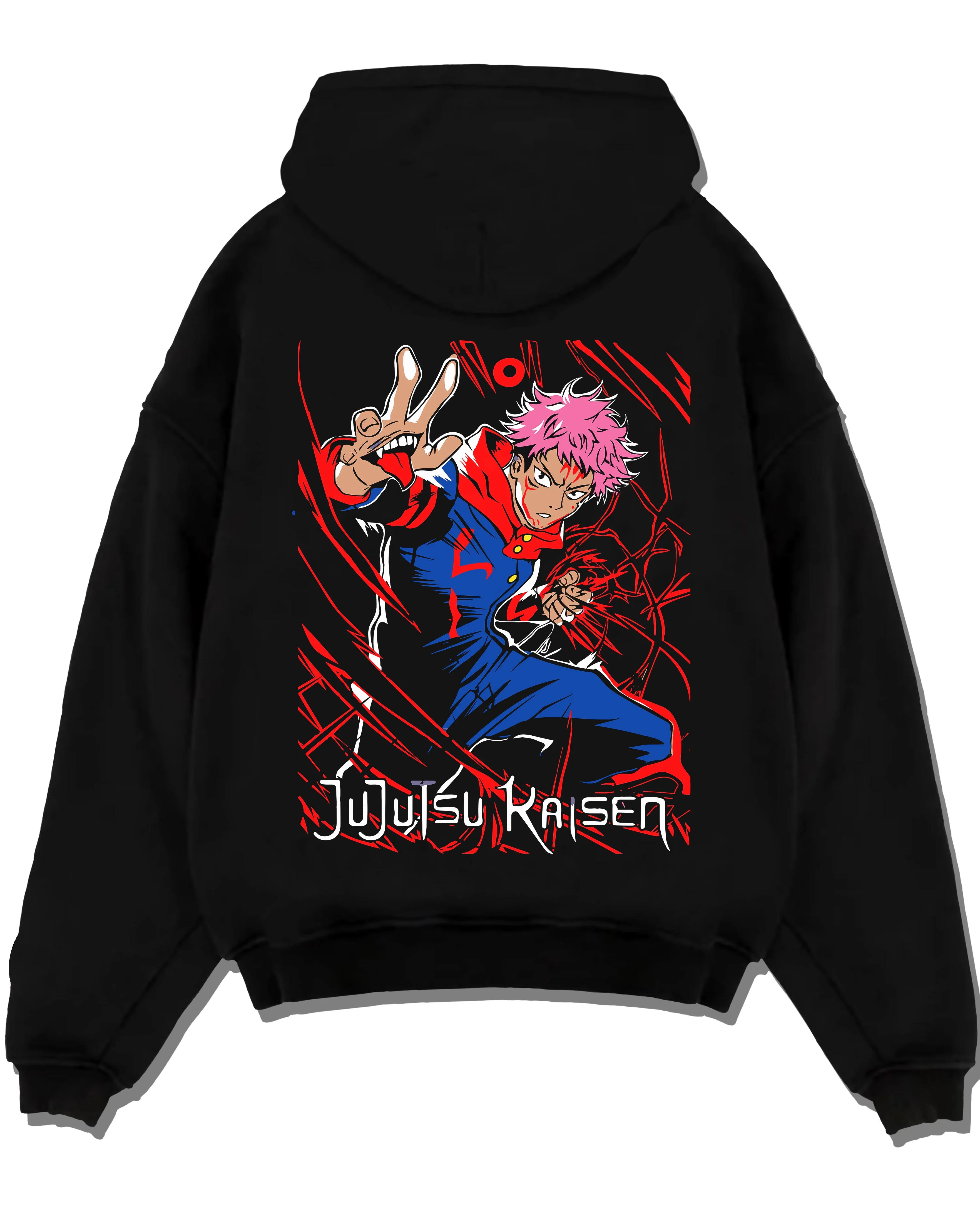 Black pullover hoodie laid flat with Jujutsu Kaisen Hoodie Yuji Itadori Hero Punch Jumper graphic premium wear.