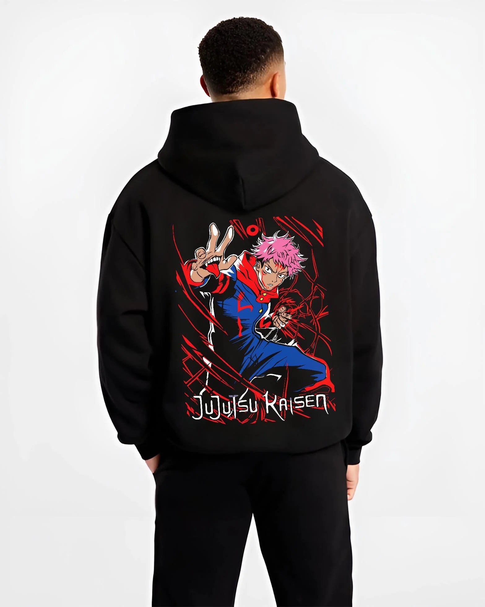 Black hoodie worn by male model, back view with Jujutsu Kaisen Hoodie Yuji Itadori Hero Punch Jumper graphic streetwear graphic.