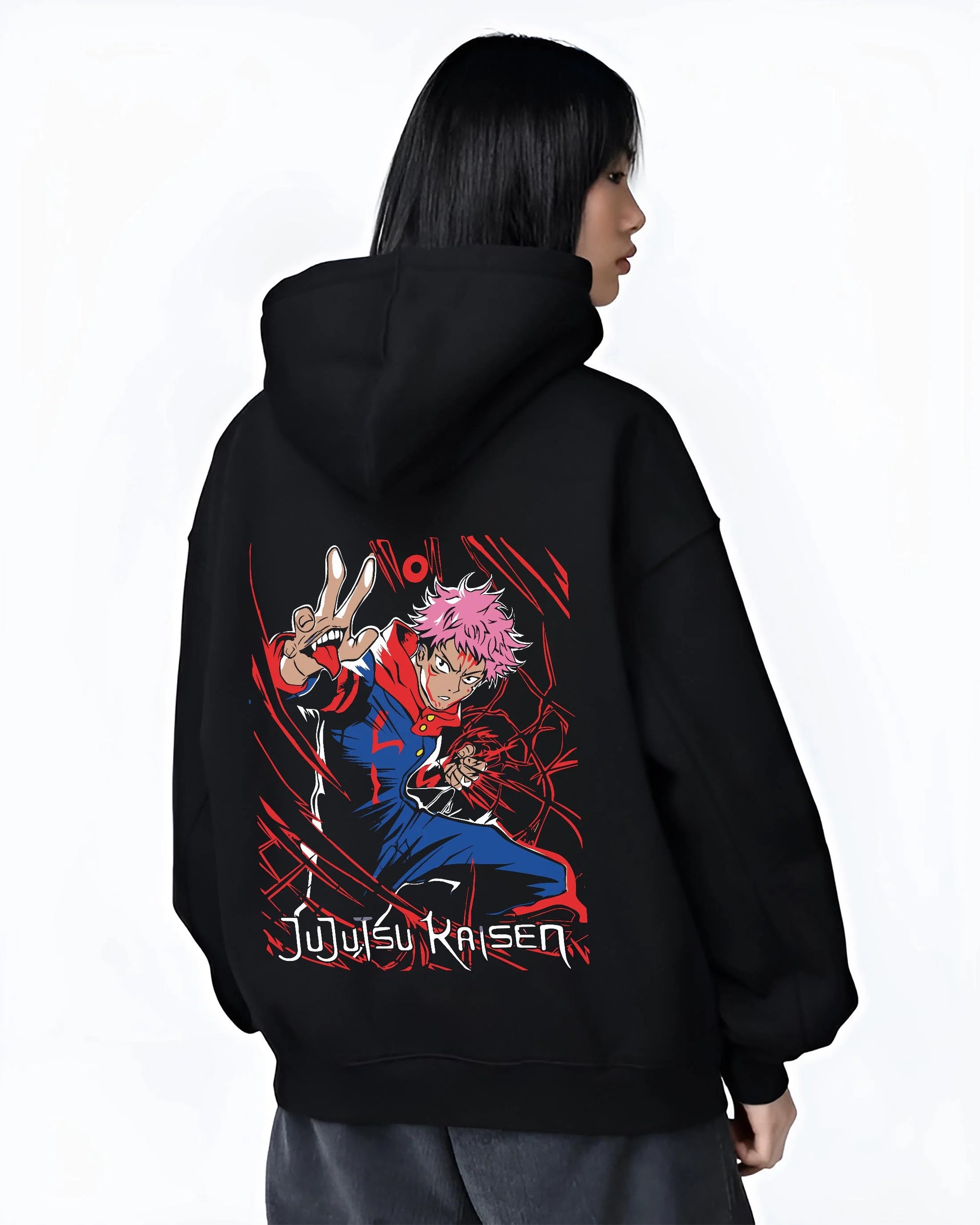 Black hoodie worn by female model, back view with Jujutsu Kaisen Hoodie Yuji Itadori Hero Punch Jumper graphic streetwear graphic.