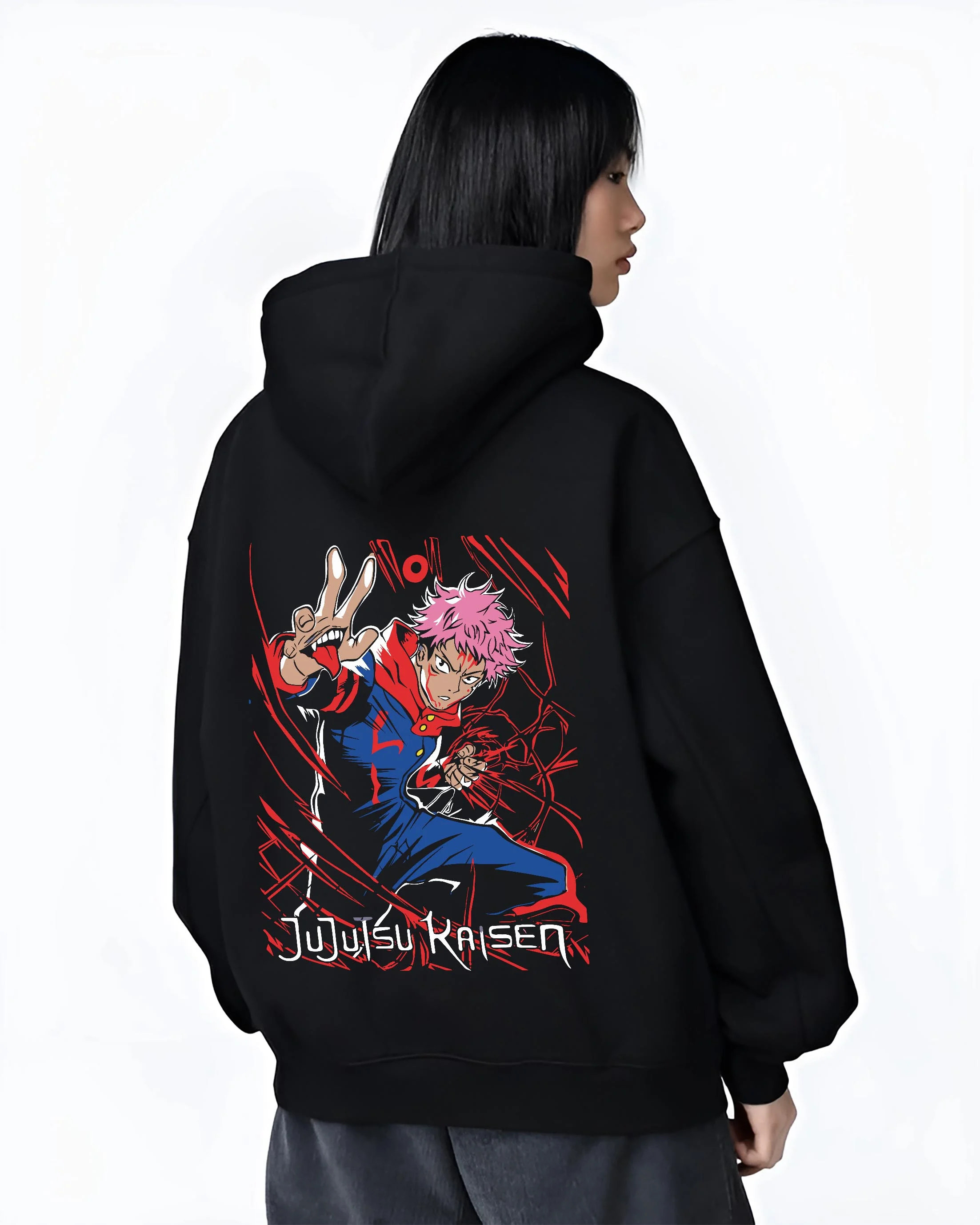 Black hoodie worn by female model, back view with Jujutsu Kaisen Hoodie Yuji Itadori Hero Punch Jumper graphic streetwear graphic.