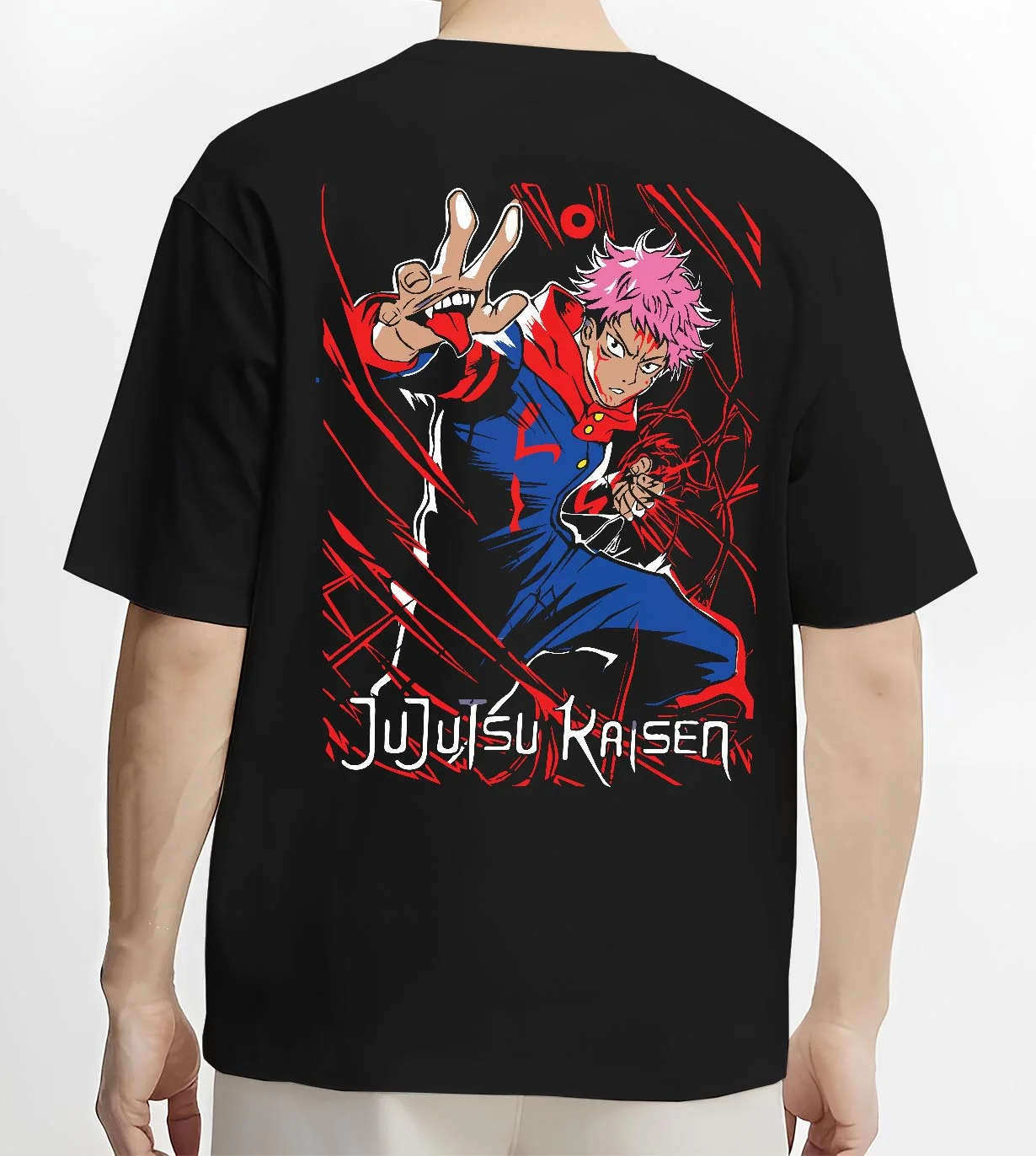 Black T-shirt worn by male model, back view with Jujutsu Kaisen Hoodie Yuji Itadori Hero Punch Jumper graphic bold anime graphic.