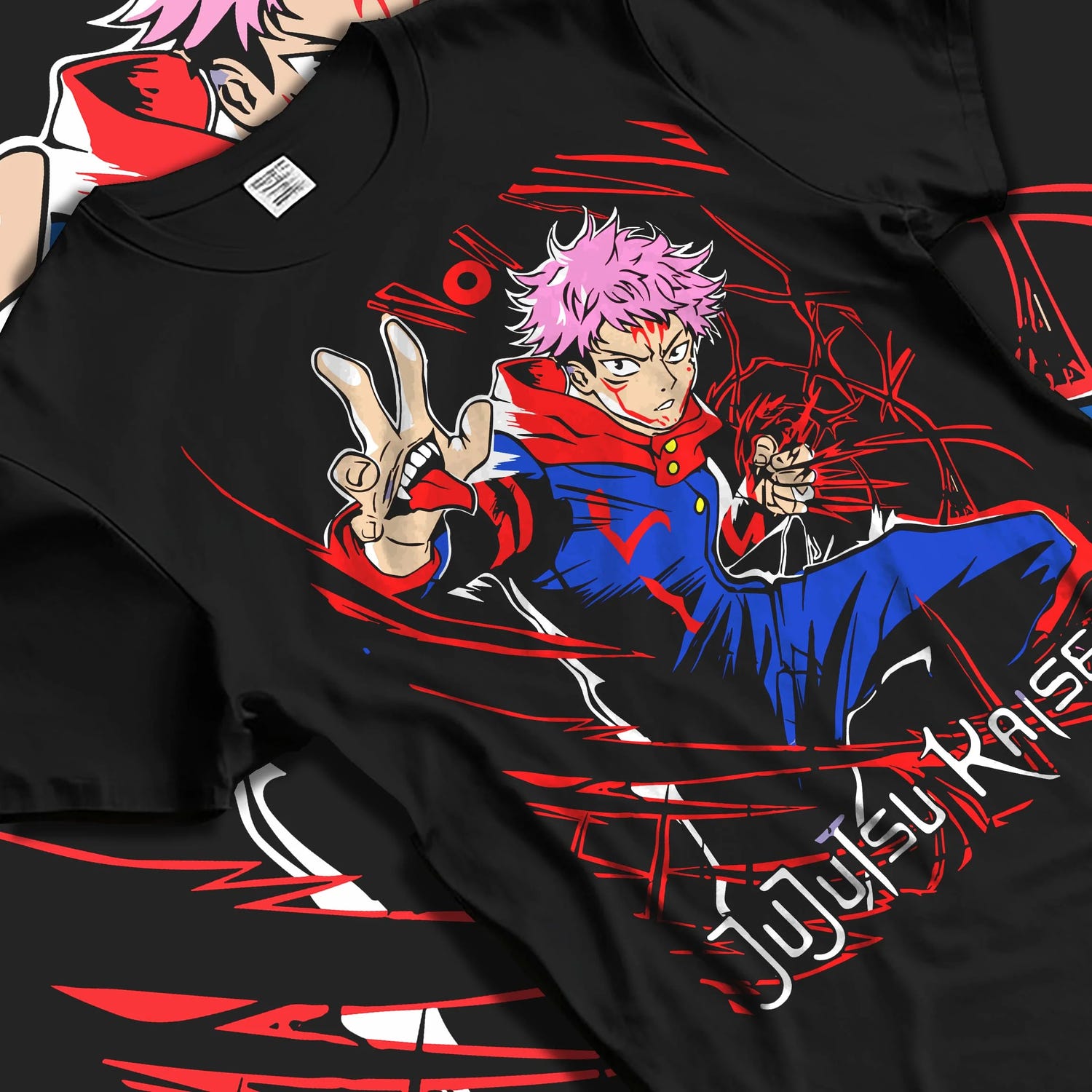 Black T-shirt laid flat with natural folds with Jujutsu Kaisen Hoodie Yuji Itadori Hero Punch Jumper graphic streetwear graphic.