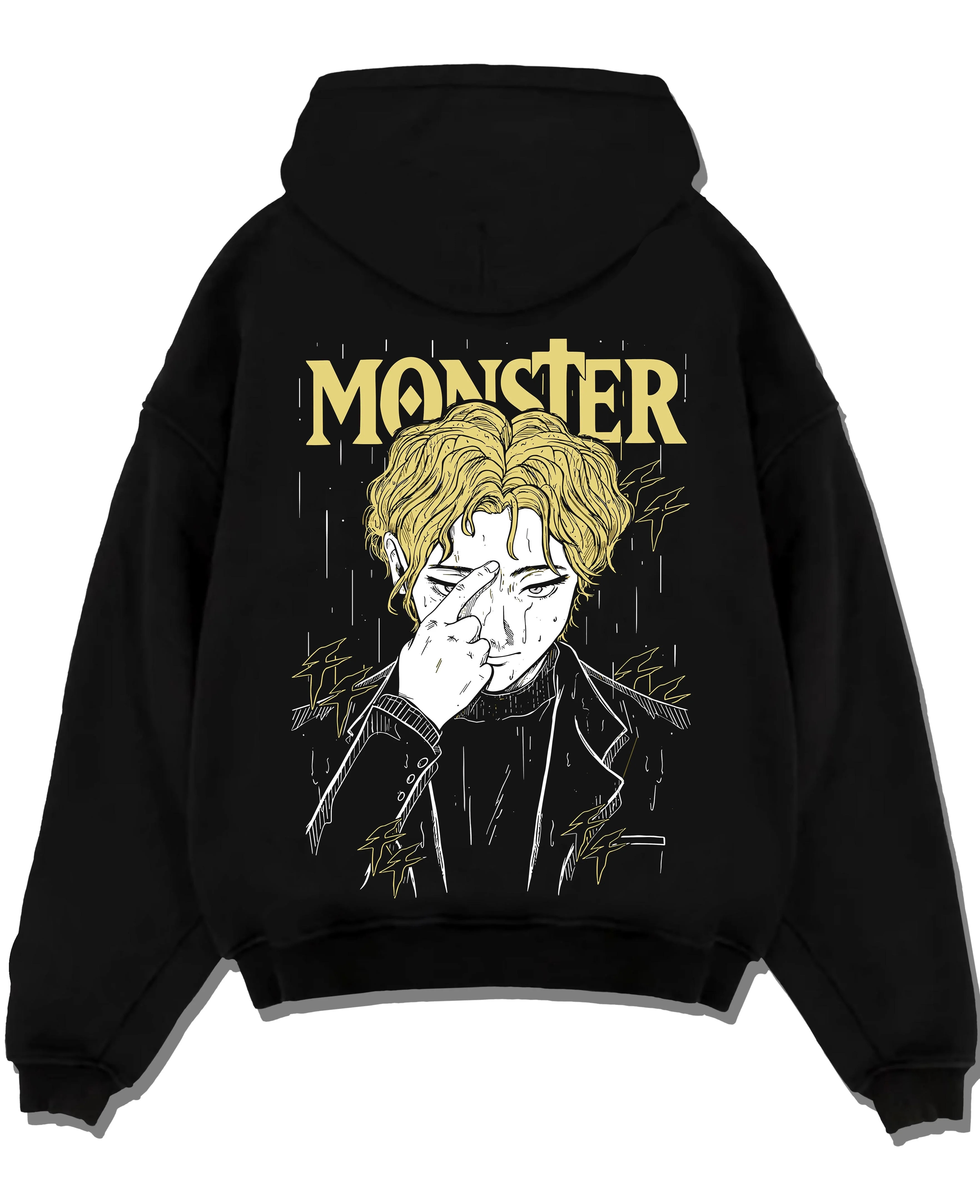 Black pullover hoodie laid flat with Monster Hoodie Johan Liebert Psychological Thriller graphic bold anime graphic.