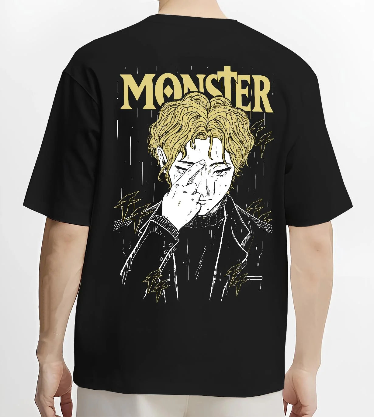 Black T-shirt worn by male model, back view with Monster Hoodie Johan Liebert Psychological Thriller graphic streetwear graphic.