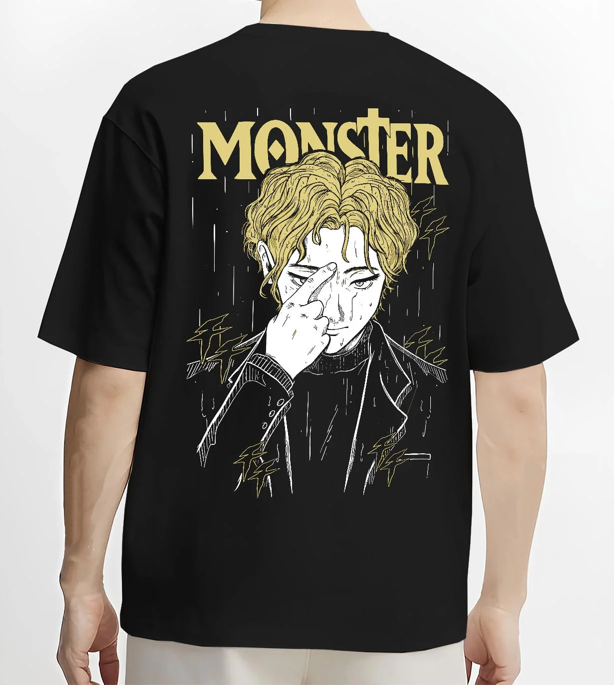 Black T-shirt worn by male model, back view with Monster Hoodie Johan Liebert Psychological Thriller graphic streetwear graphic.