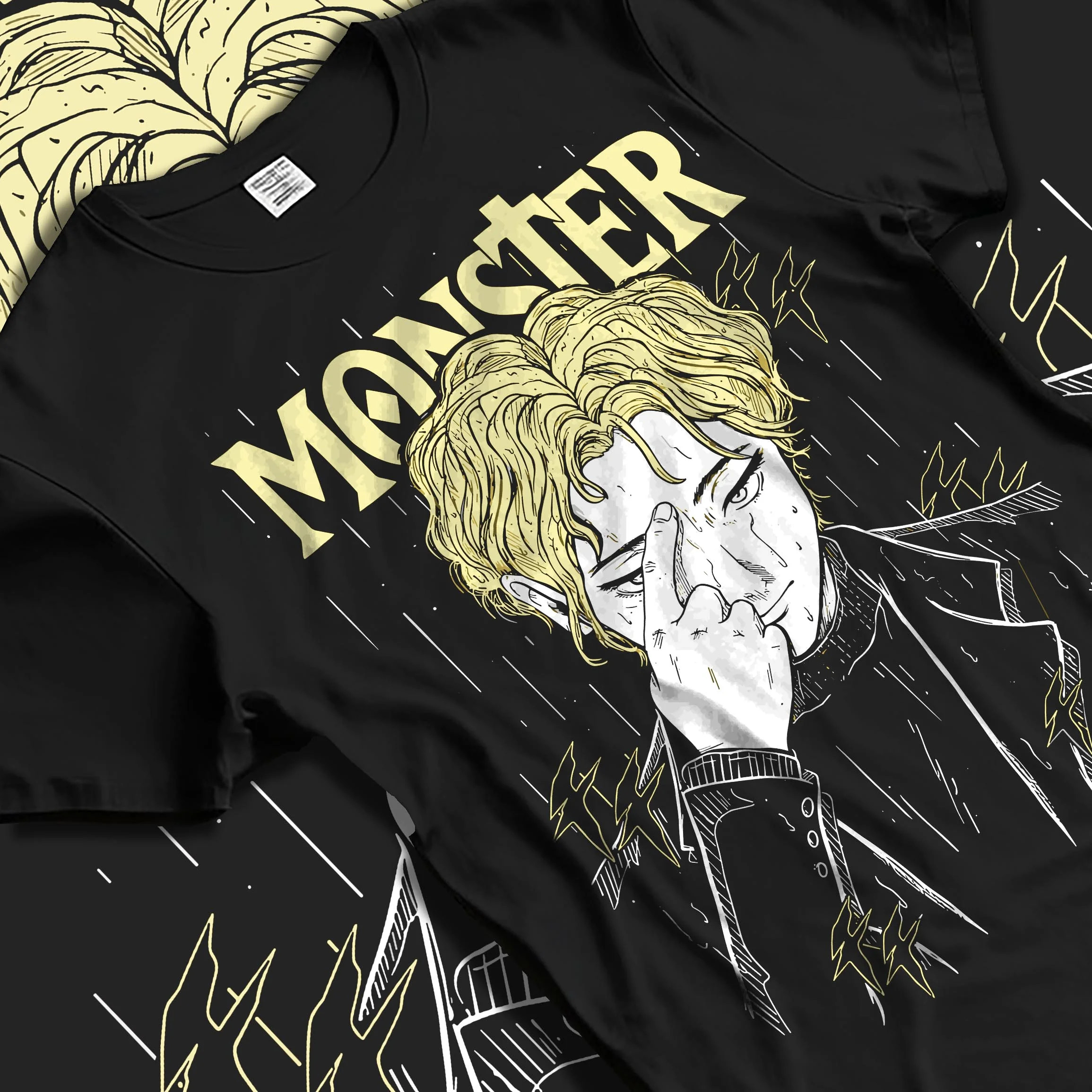 Black T-shirt laid flat with natural folds with Monster Hoodie Johan Liebert Psychological Thriller graphic bold anime graphic.