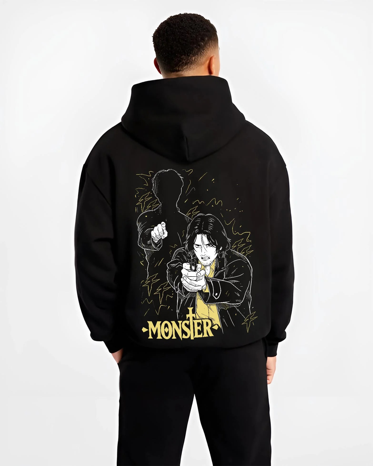 Black hoodie worn by male model, back view with Monster Hoodie Johan Dark Mystery Thriller Jumper graphic premium wear.