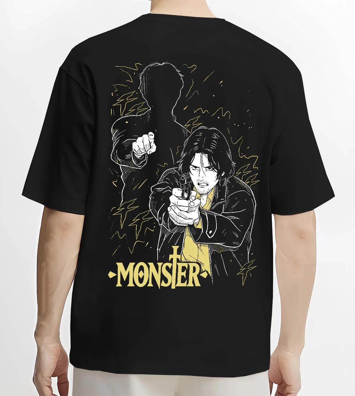 Black T-shirt worn by male model, back view with Monster Hoodie Johan Dark Mystery Thriller Jumper graphic bold anime graphic.