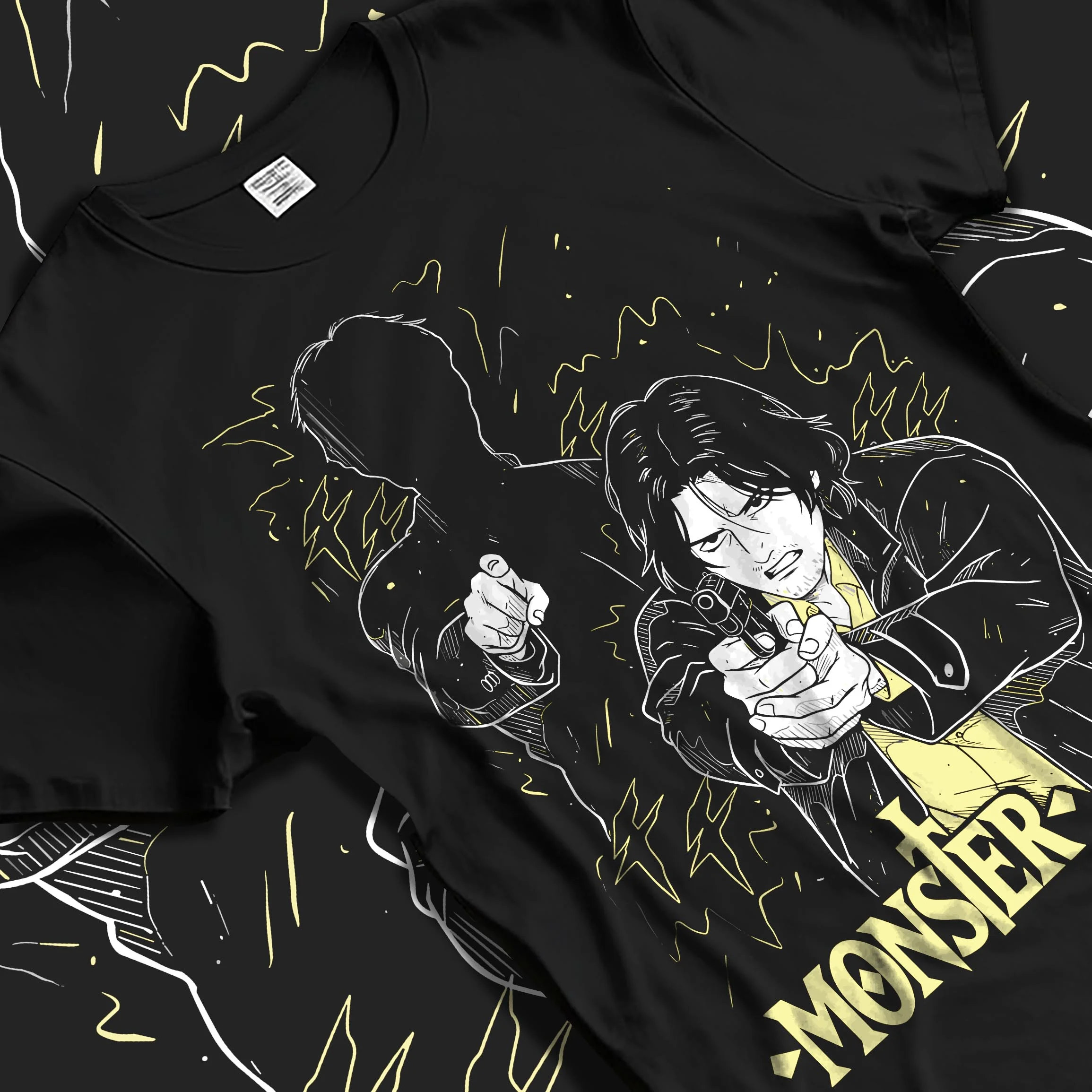 Black T-shirt laid flat with natural folds with Monster Hoodie Johan Dark Mystery Thriller Jumper graphic bold anime graphic.