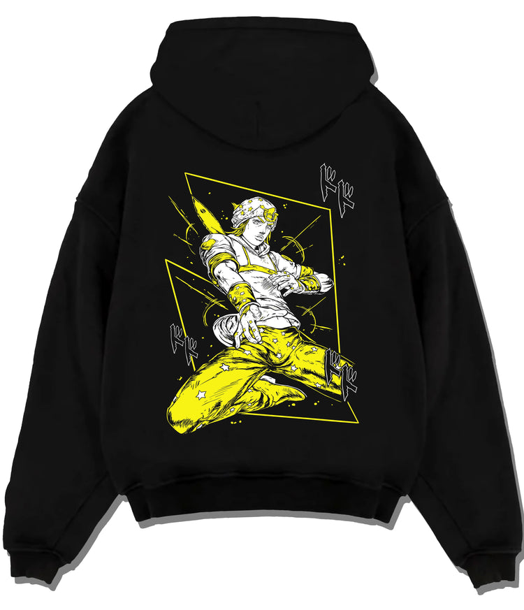 Black hoodie flat back view showing Johnny Joestar from JoJo’s Bizarre Adventure: Steel Ball Run horse rider