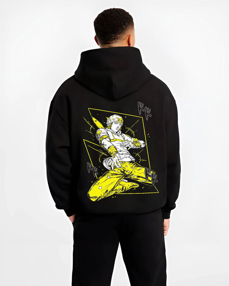 Black hoodie model back view showing Johnny Joestar from JoJo’s Bizarre Adventure: Steel Ball Run horse rider