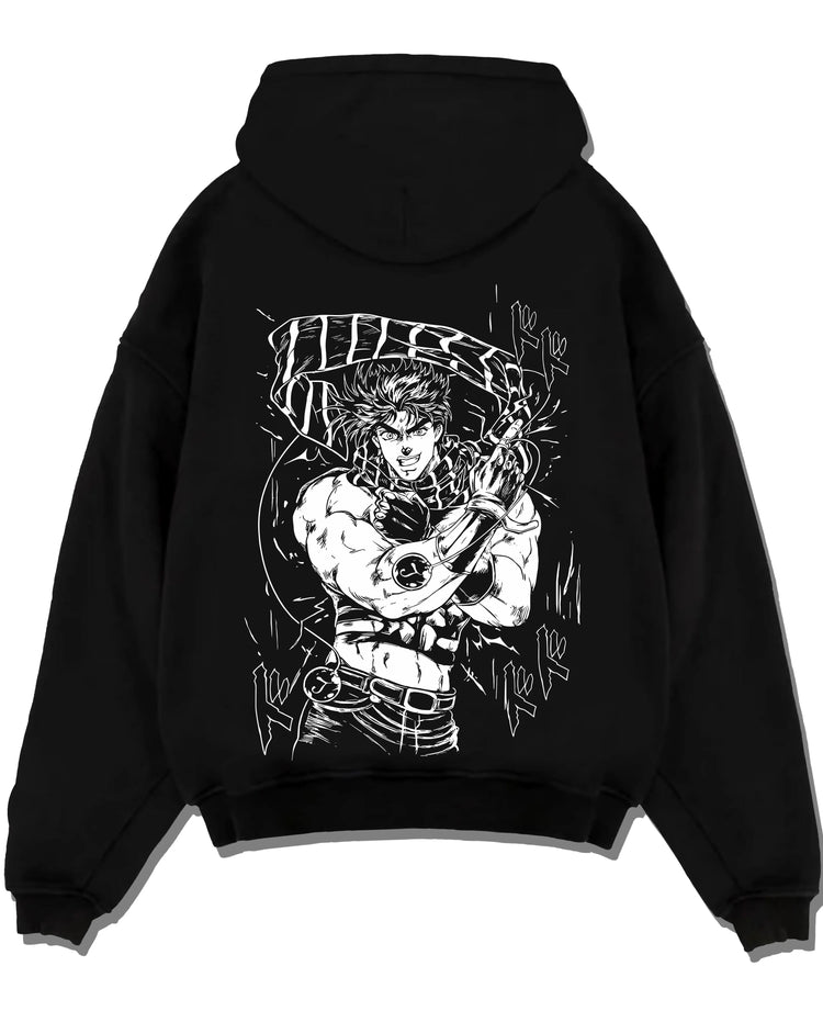 Black pullover hoodie laid flat with JoJo’s Bizarre Adventure Hoodie Jonathan Joestar Jumper graphic bold anime graphic.