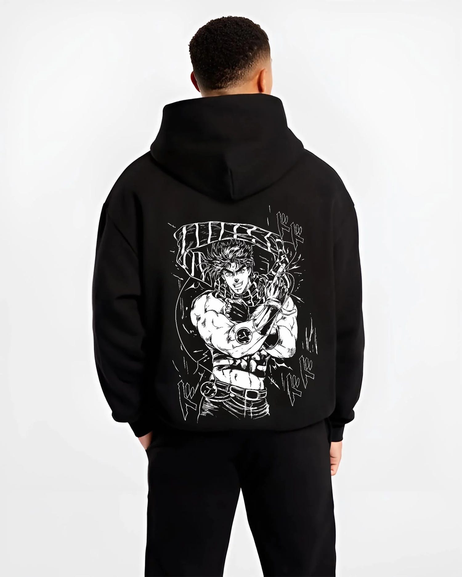 Black hoodie worn by male model, back view with JoJo’s Bizarre Adventure Hoodie Jonathan Joestar Jumper graphic premium wear.