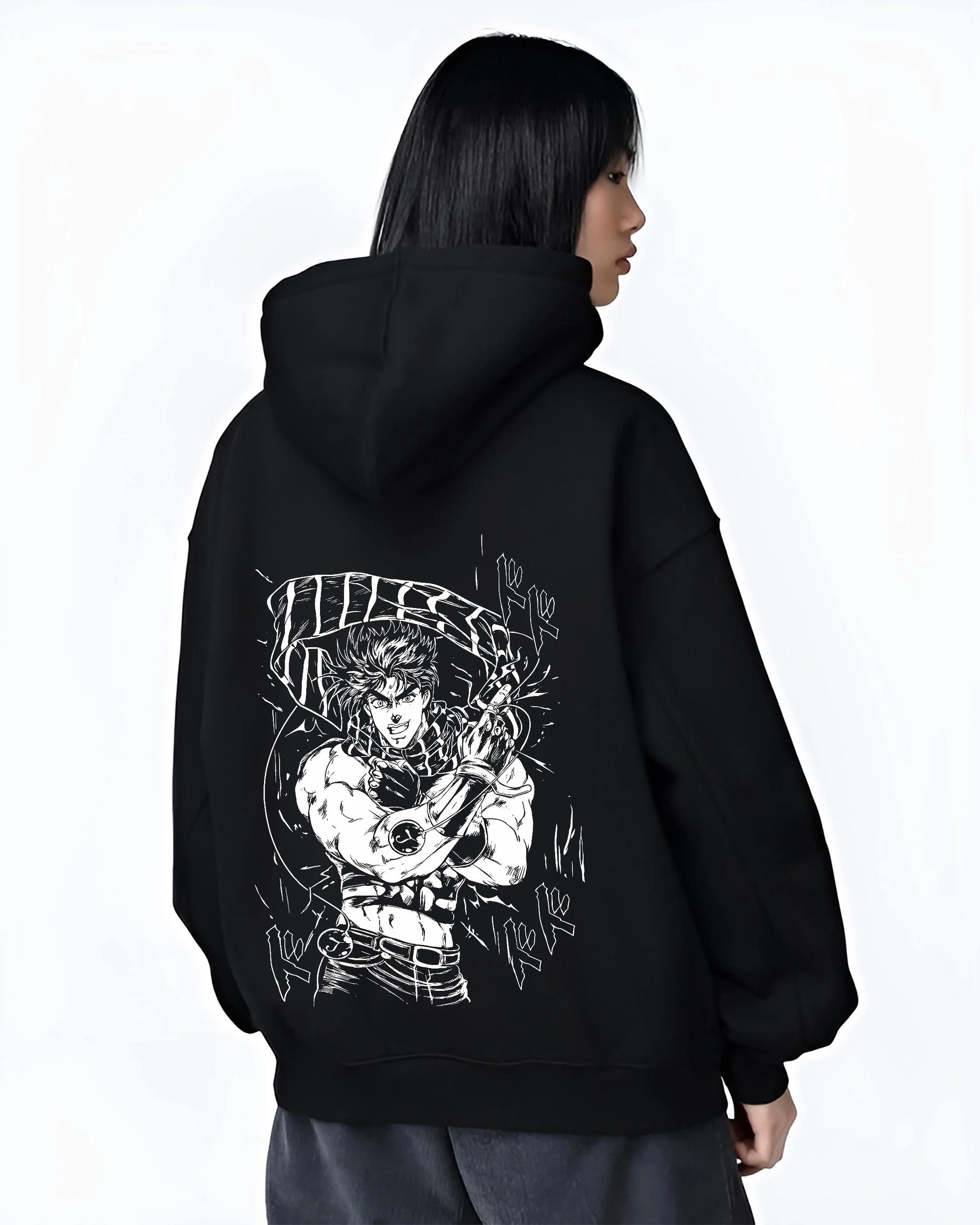 Black hoodie worn by female model, back view with JoJo’s Bizarre Adventure Hoodie Jonathan Joestar Jumper graphic bold anime graphic.