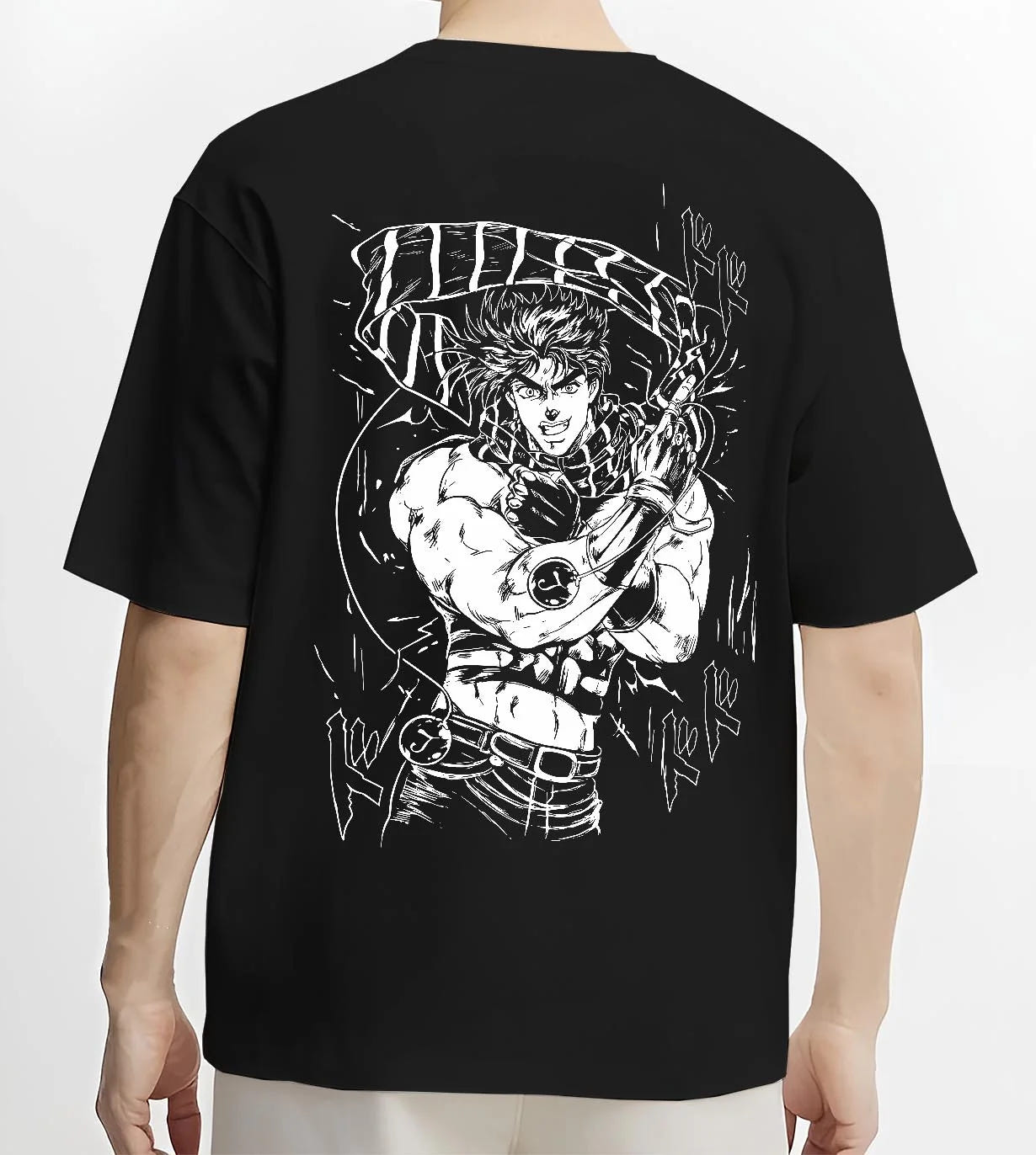 Black T-shirt worn by male model, back view with JoJo’s Bizarre Adventure Hoodie Jonathan Joestar Jumper graphic bold anime graphic.