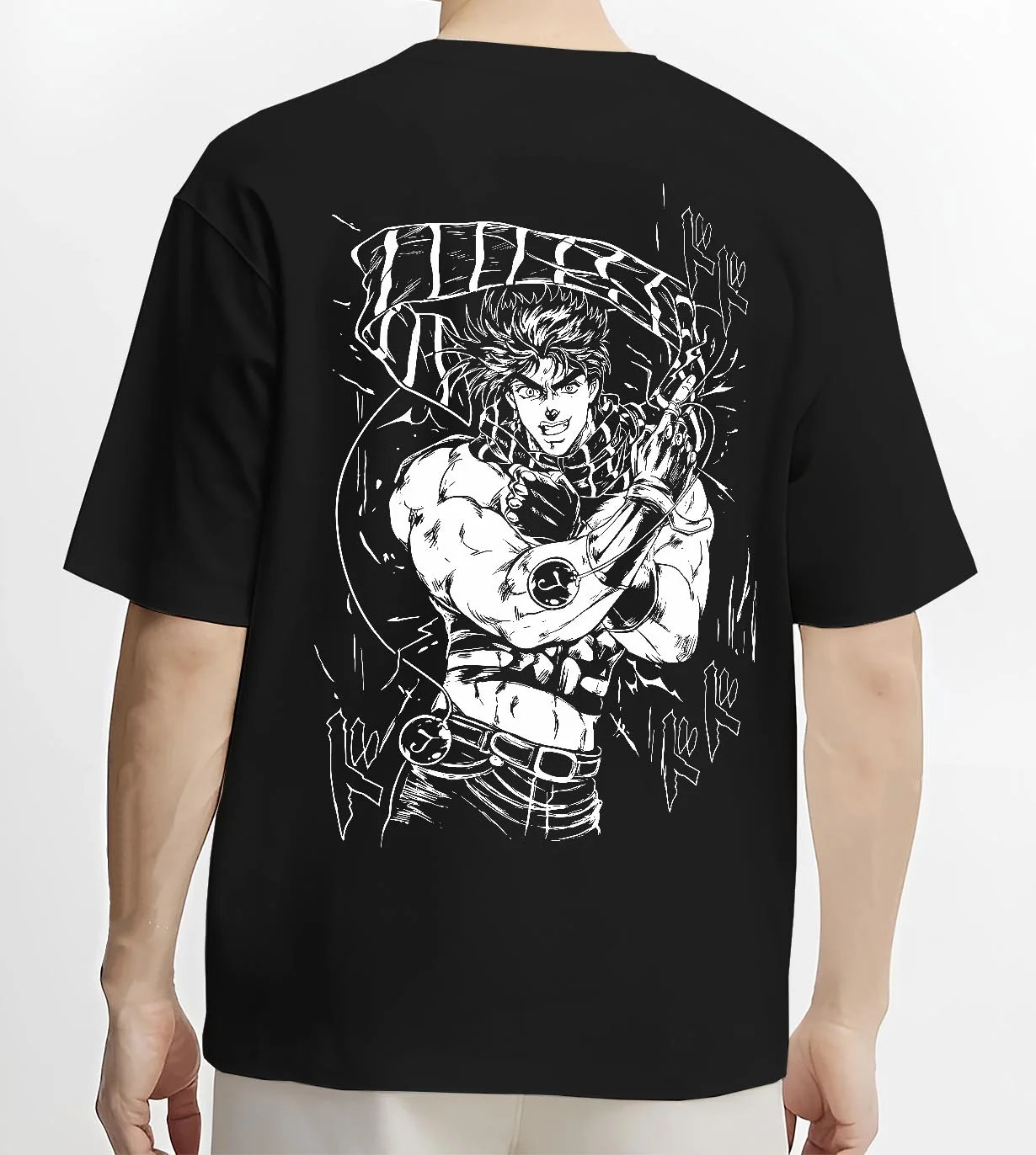 Black T-shirt worn by male model, back view with JoJo’s Bizarre Adventure Hoodie Jonathan Joestar Jumper graphic bold anime graphic.