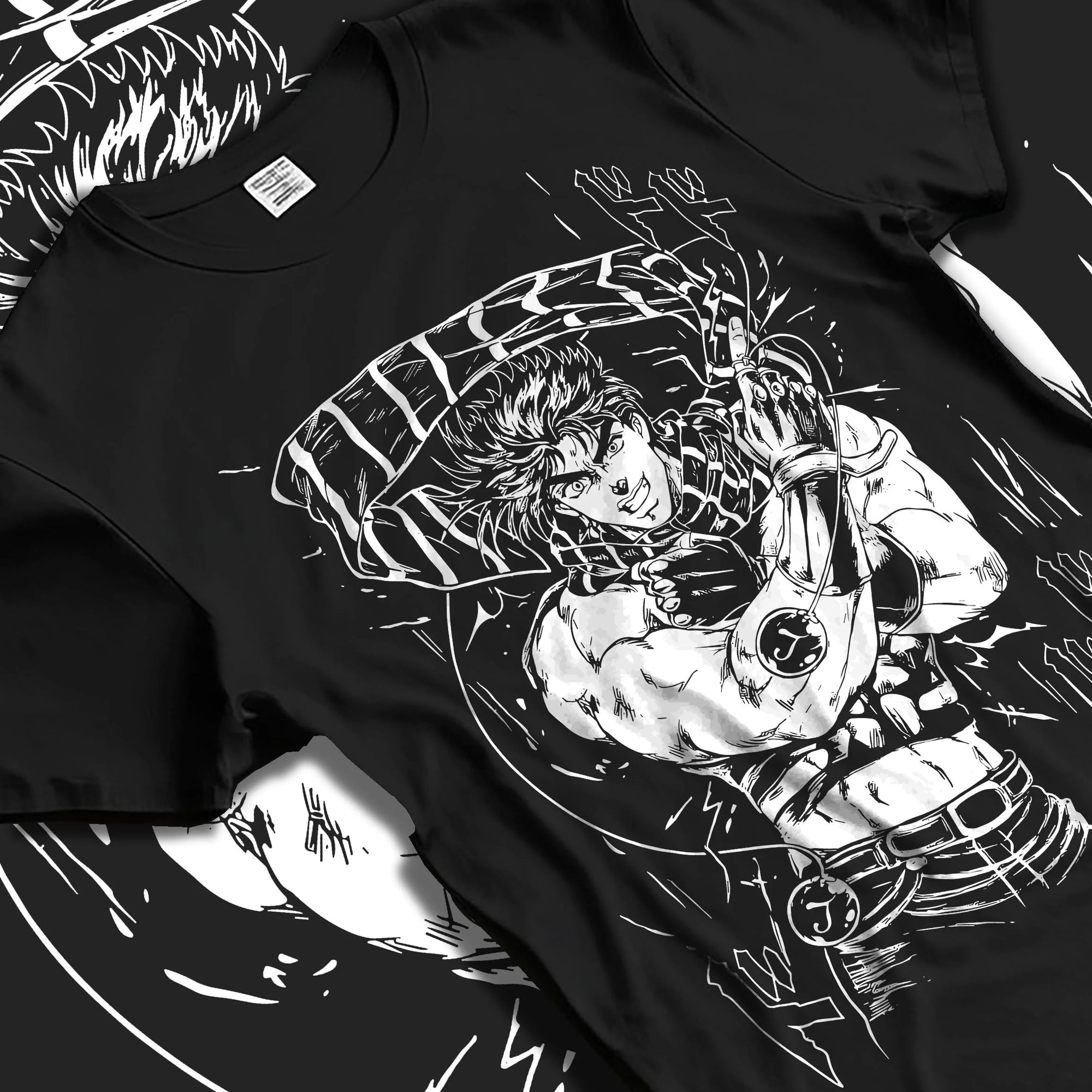 Black T-shirt laid flat with natural folds with JoJo’s Bizarre Adventure Hoodie Jonathan Joestar Jumper graphic streetwear graphic.