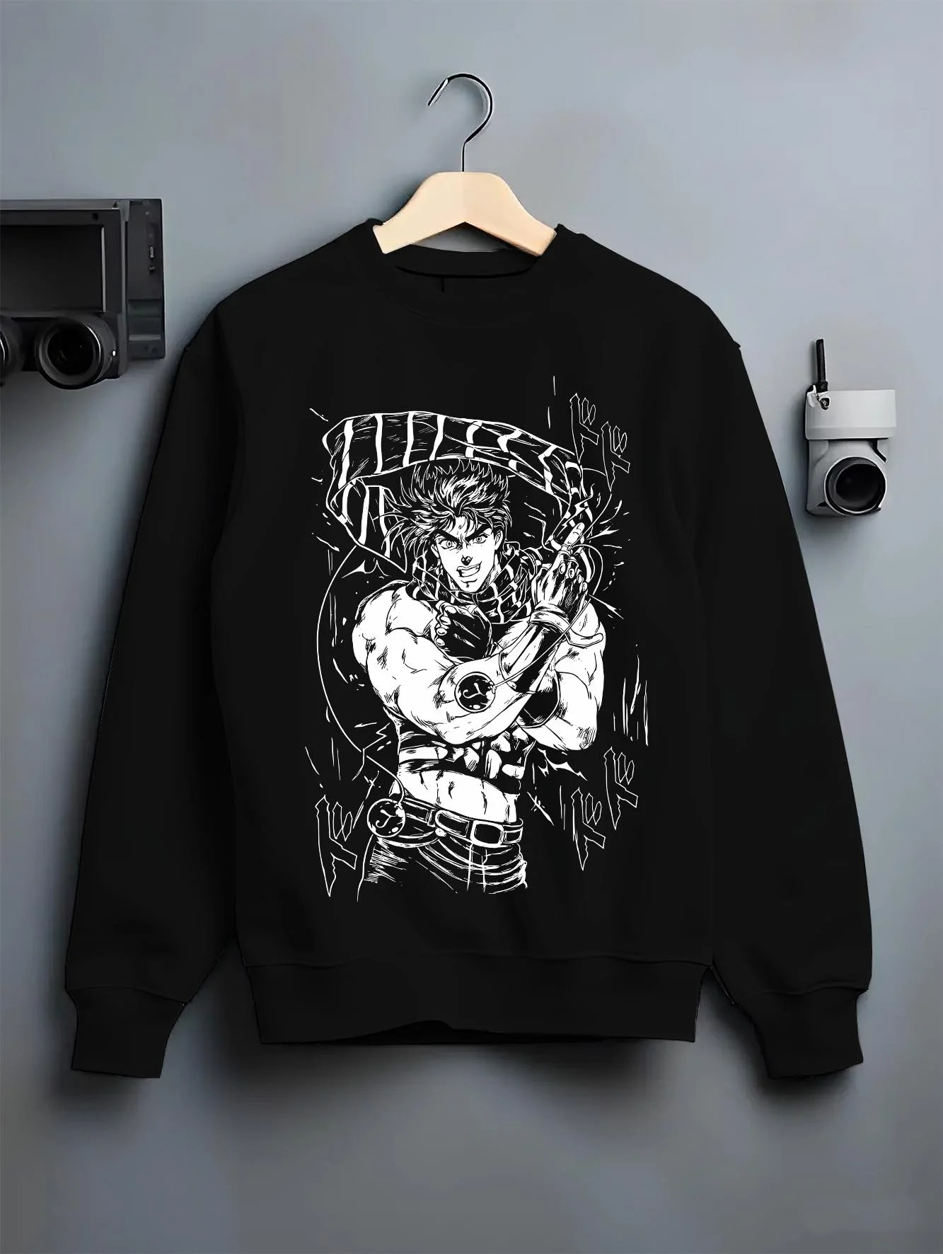 Black crewneck sweatshirt on hanger with JoJo’s Bizarre Adventure Hoodie Jonathan Joestar Jumper graphic bold anime graphic.