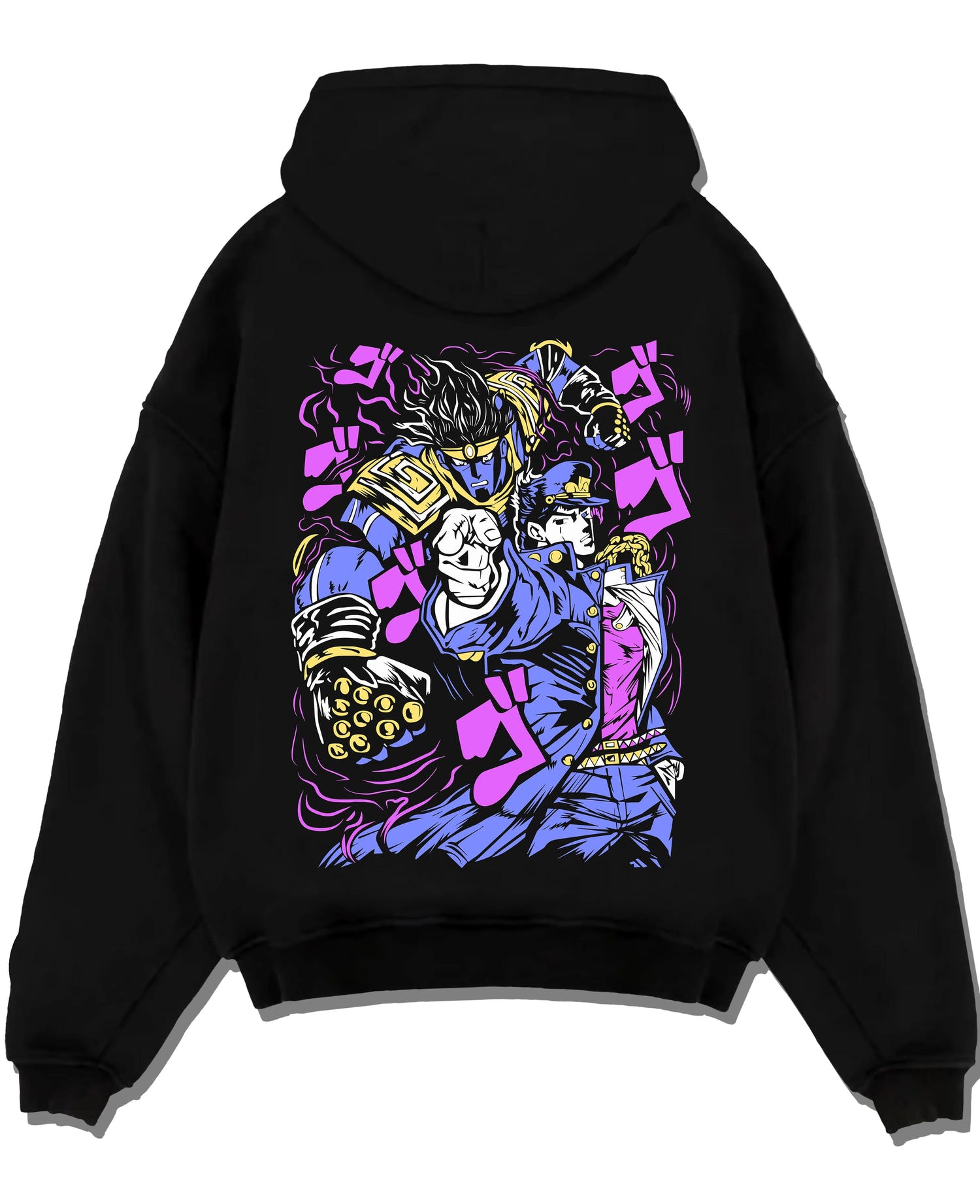 Black pullover hoodie laid flat with Jotaro Kujo Hoodie JoJo’s Bizarre Adventure Star Platinum graphic streetwear graphic.