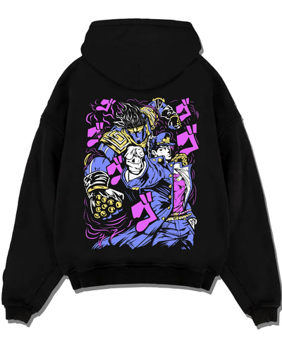 Black pullover hoodie laid flat with Jotaro Kujo Hoodie JoJo’s Bizarre Adventure Star Platinum graphic streetwear graphic.