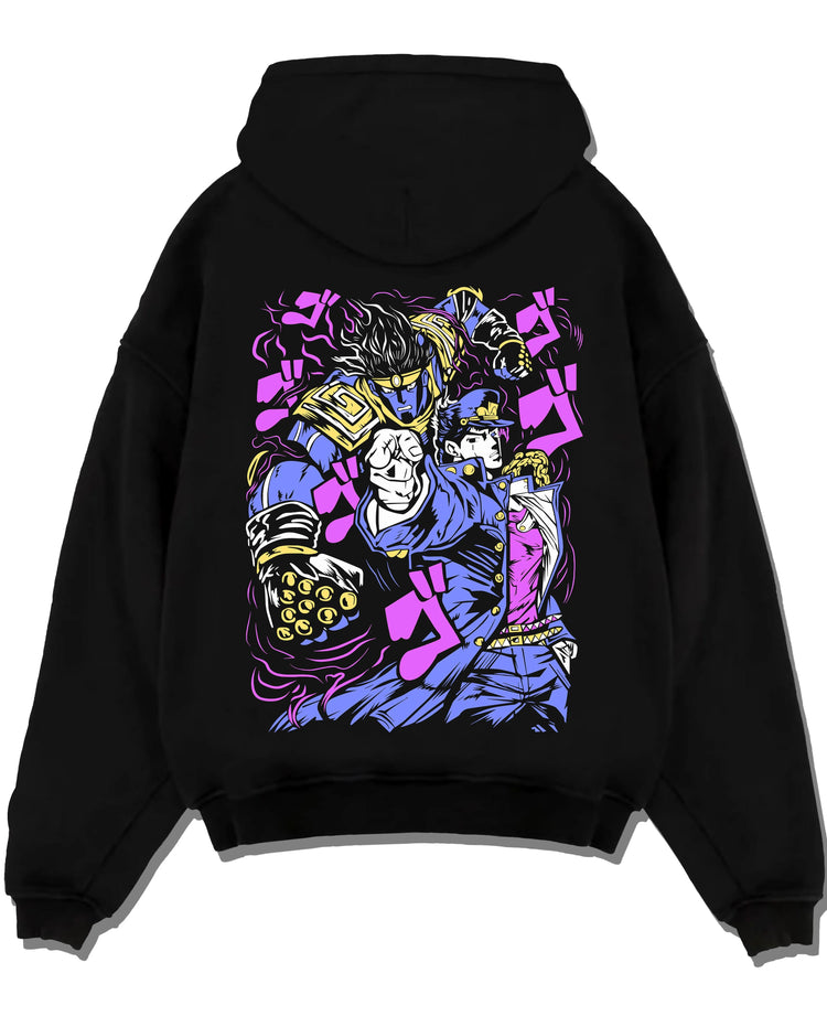 Black pullover hoodie laid flat with Jotaro Kujo Hoodie JoJo’s Bizarre Adventure Star Platinum graphic streetwear graphic.