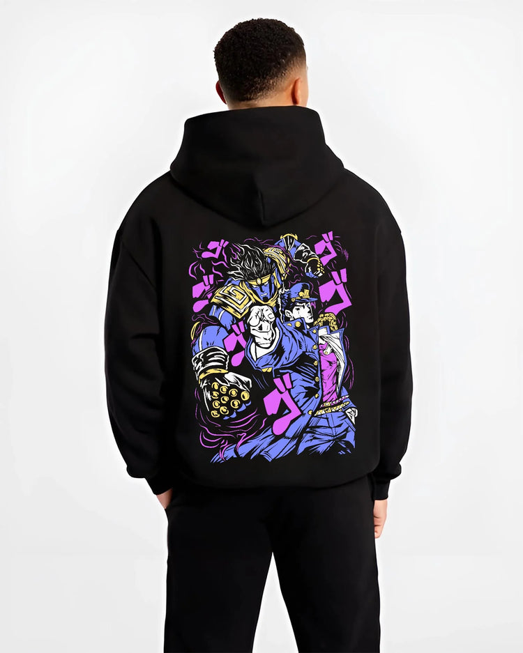 Black hoodie worn by male model, back view with Jotaro Kujo Hoodie JoJo’s Bizarre Adventure Star Platinum graphic streetwear graphic.