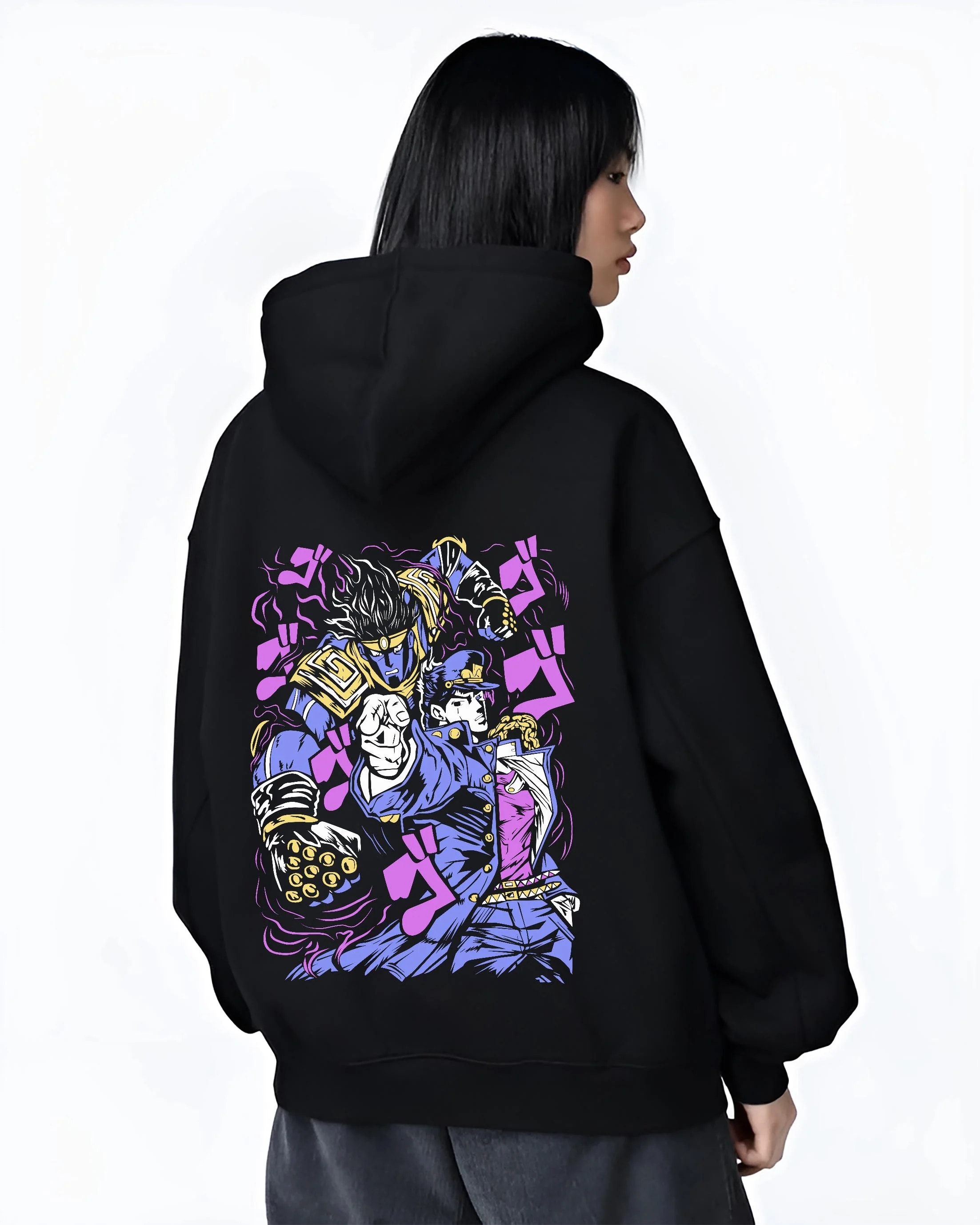 Black hoodie worn by female model, back view with Jotaro Kujo Hoodie JoJo’s Bizarre Adventure Star Platinum graphic streetwear graphic.