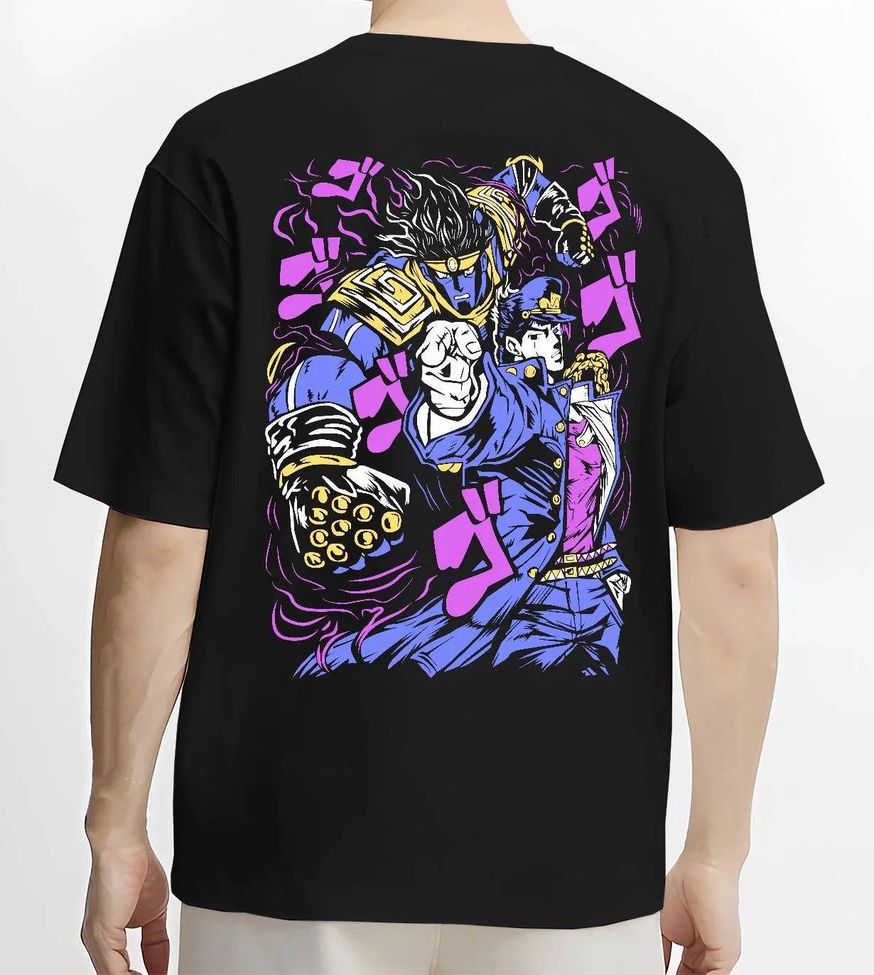Black T-shirt worn by male model, back view with Jotaro Kujo Hoodie JoJo’s Bizarre Adventure Star Platinum graphic streetwear graphic.