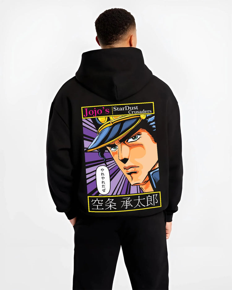 Black hoodie worn by male model, back view with Jotaro Kujo Hoodie JoJo’s Bizarre Adventure Stardust Arc graphic streetwear graphic.