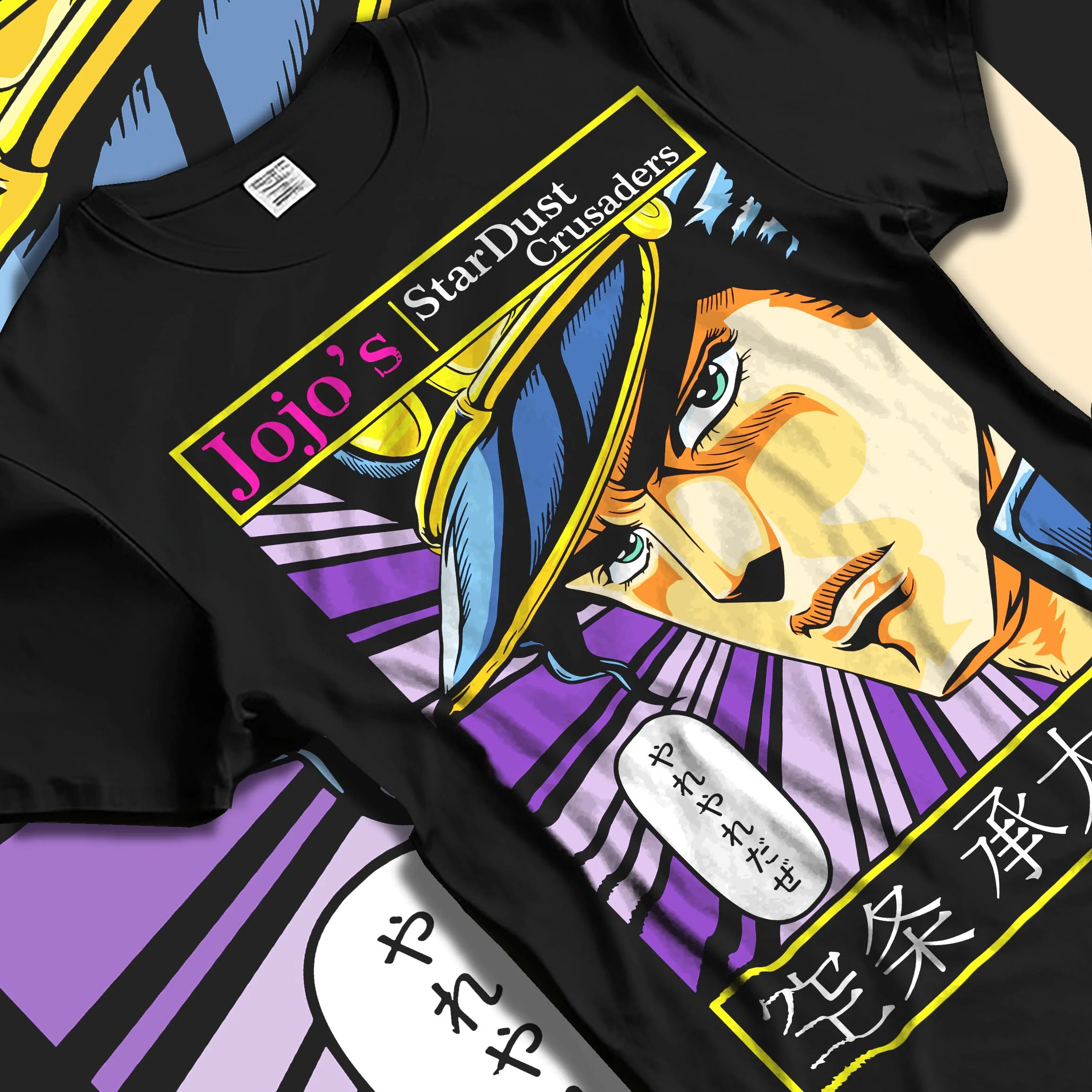 Black T-shirt laid flat with natural folds with Jotaro Kujo Hoodie JoJo’s Bizarre Adventure Stardust Arc graphic premium wear.