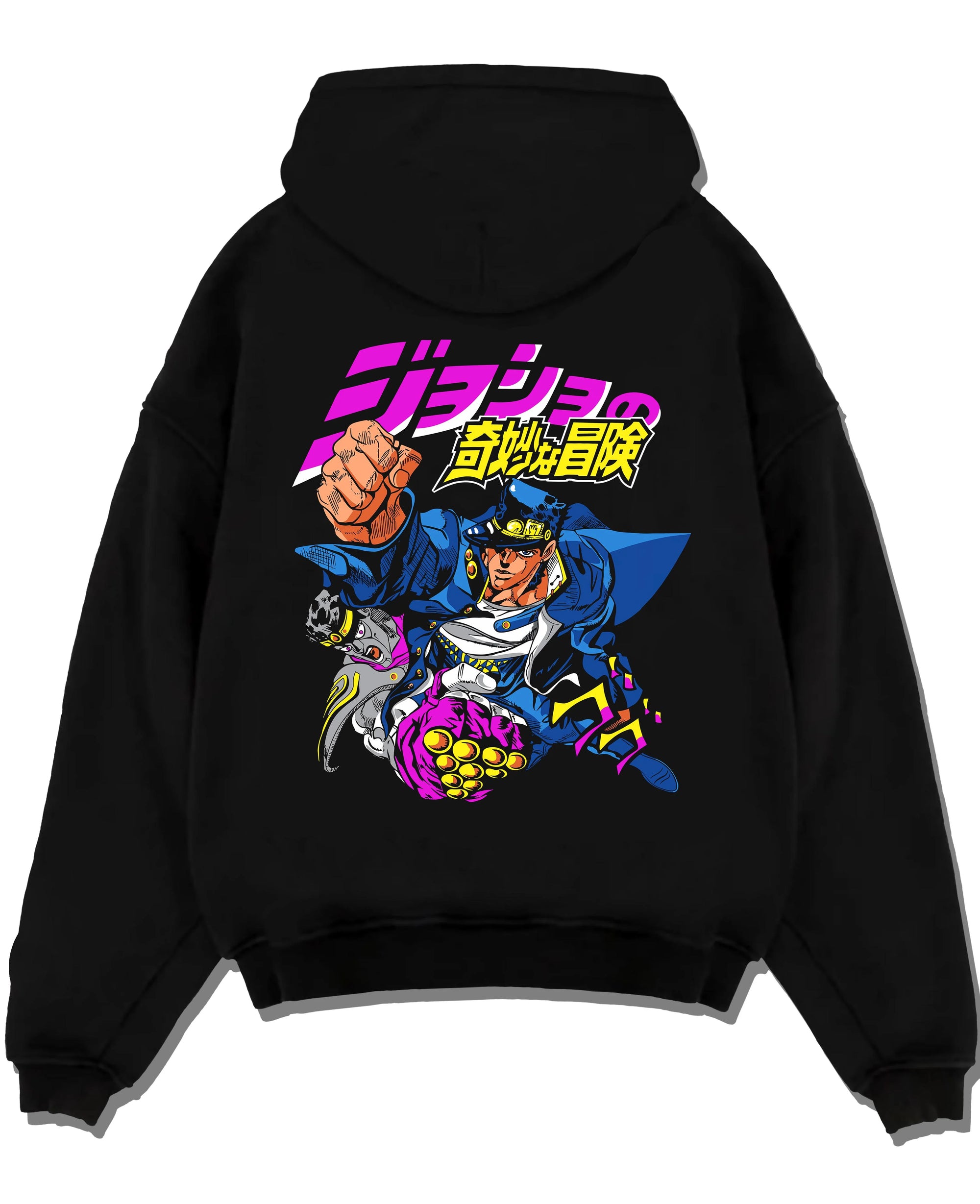Black pullover hoodie laid flat with Jotaro Kujo Hoodie JoJo’s Bizarre Adventure Battle Outfit graphic bold anime graphic.